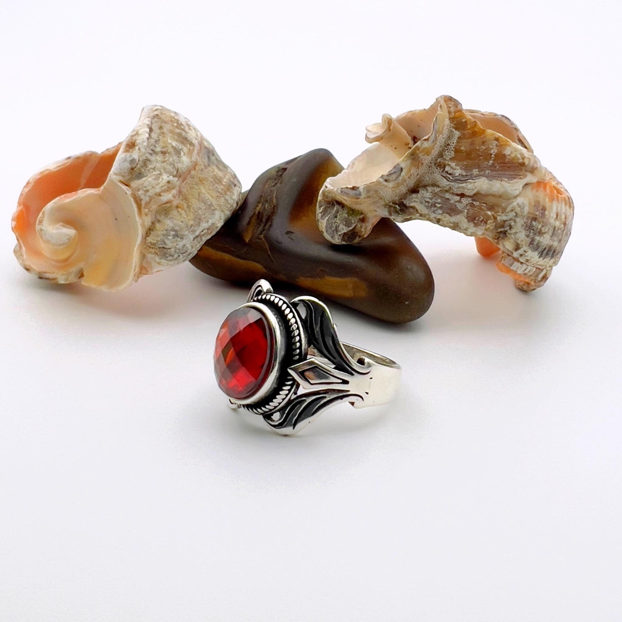 Artisan Crafted Unisex Red Zircon Oval 925 Sterling Silver Ring - Elegant Gift