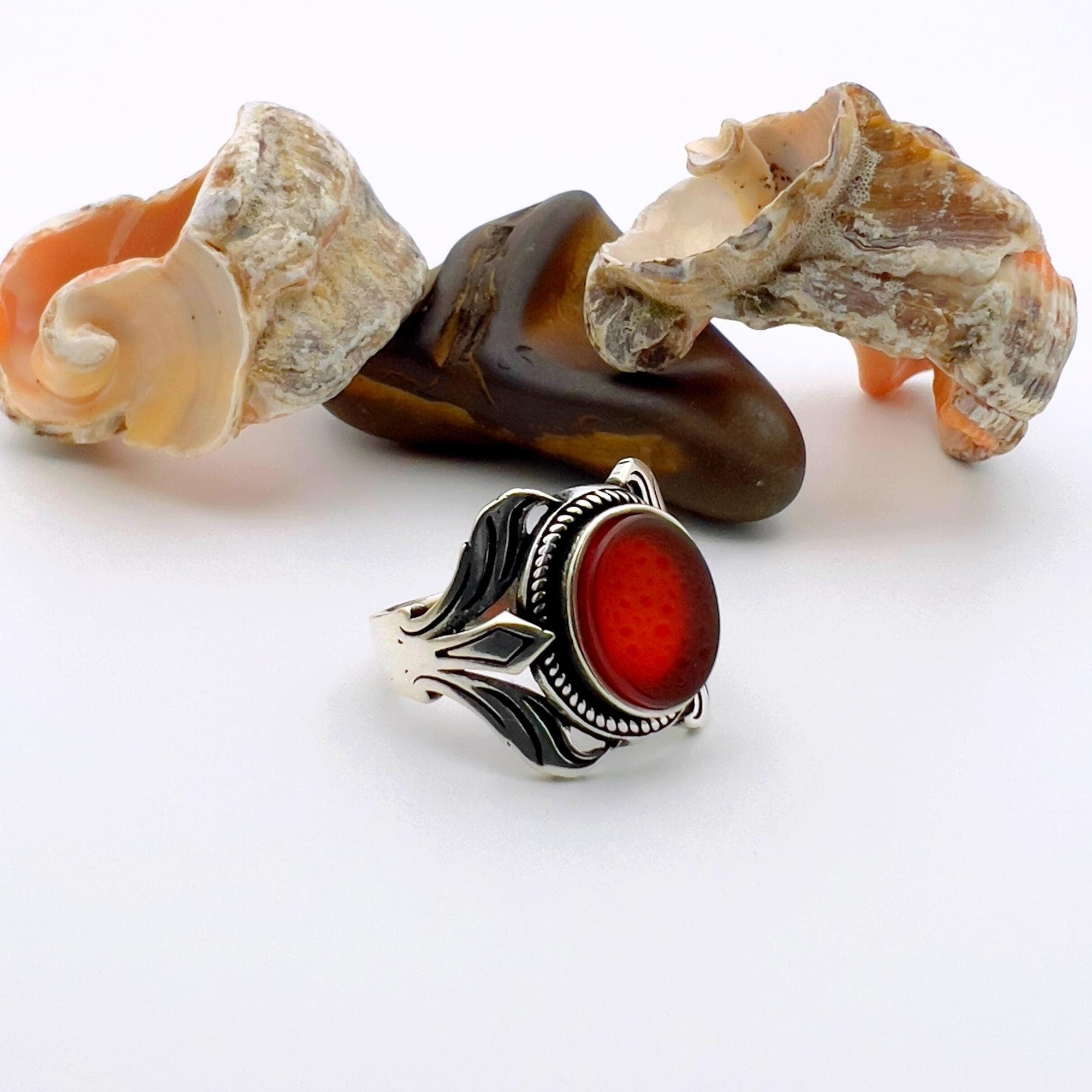 Men's Turkish Handmade Ottoman-Style 925 Sterling Silver Red Agate Ring