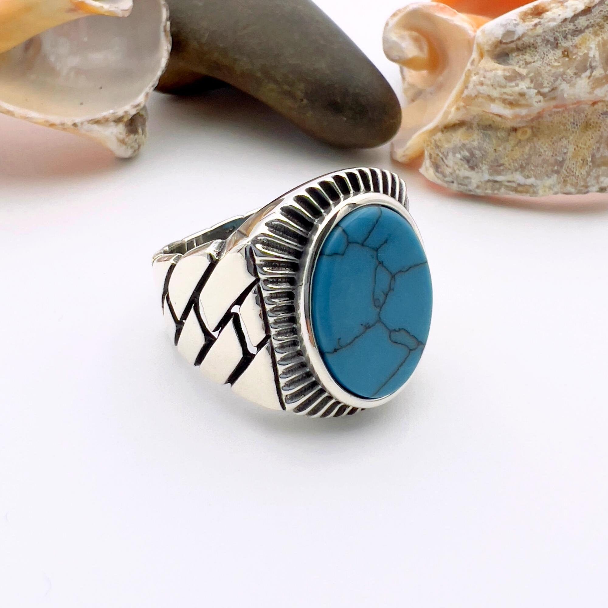 Authentic Turkish Handmade Sterling Silver Men's Turquoise Ring - Ottoman Style Gemstone Gift