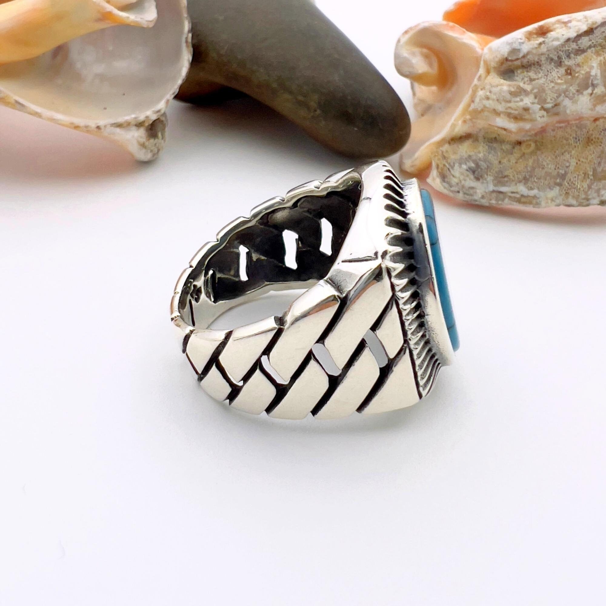 خاتم فضة رجالي بحجر فيروز أزرق بيضاوي