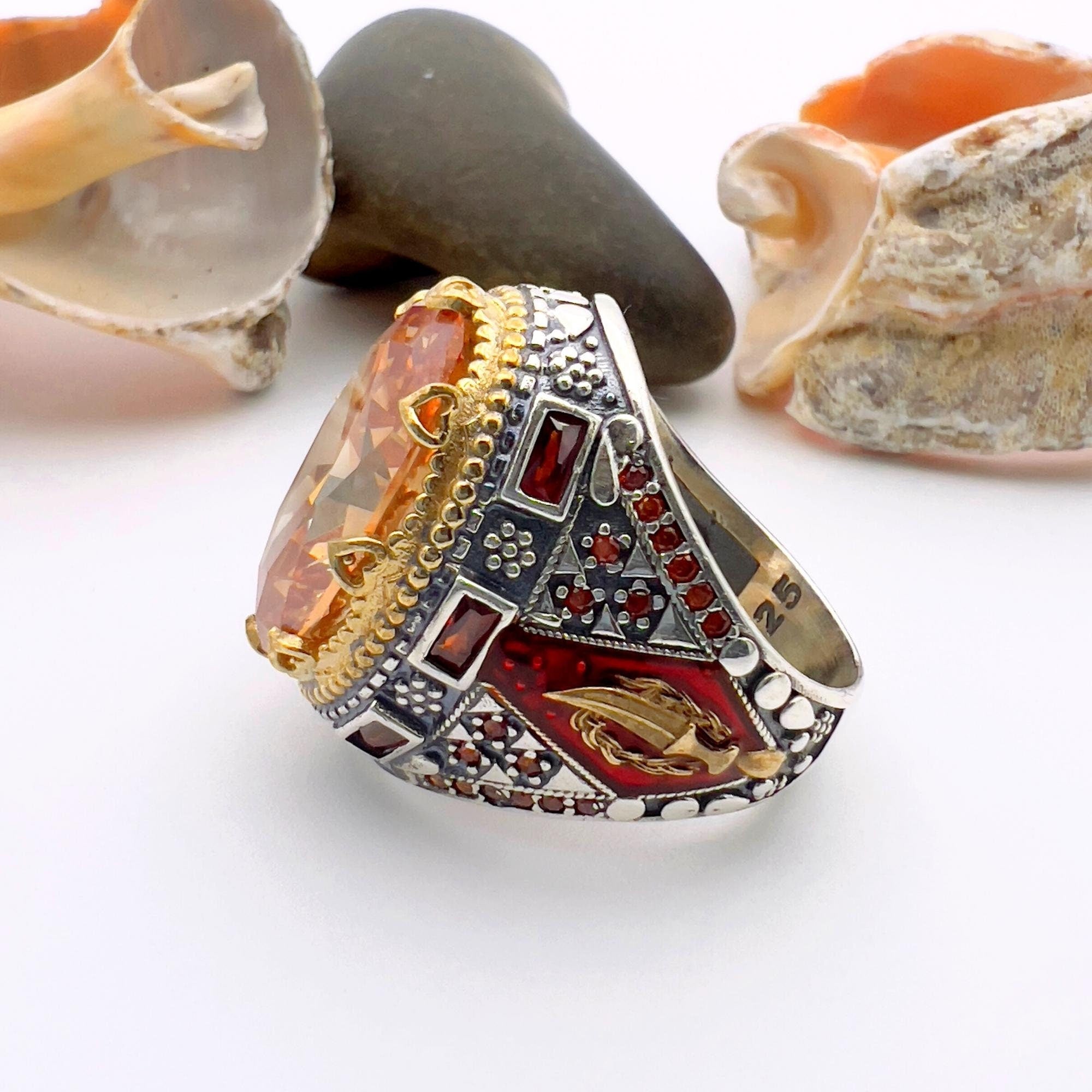 خاتم رجالي يدوي الصنع من الفضة الإسترلينية التركية 925 مع حجر سترين شمبانيا - هدية أنيقة له