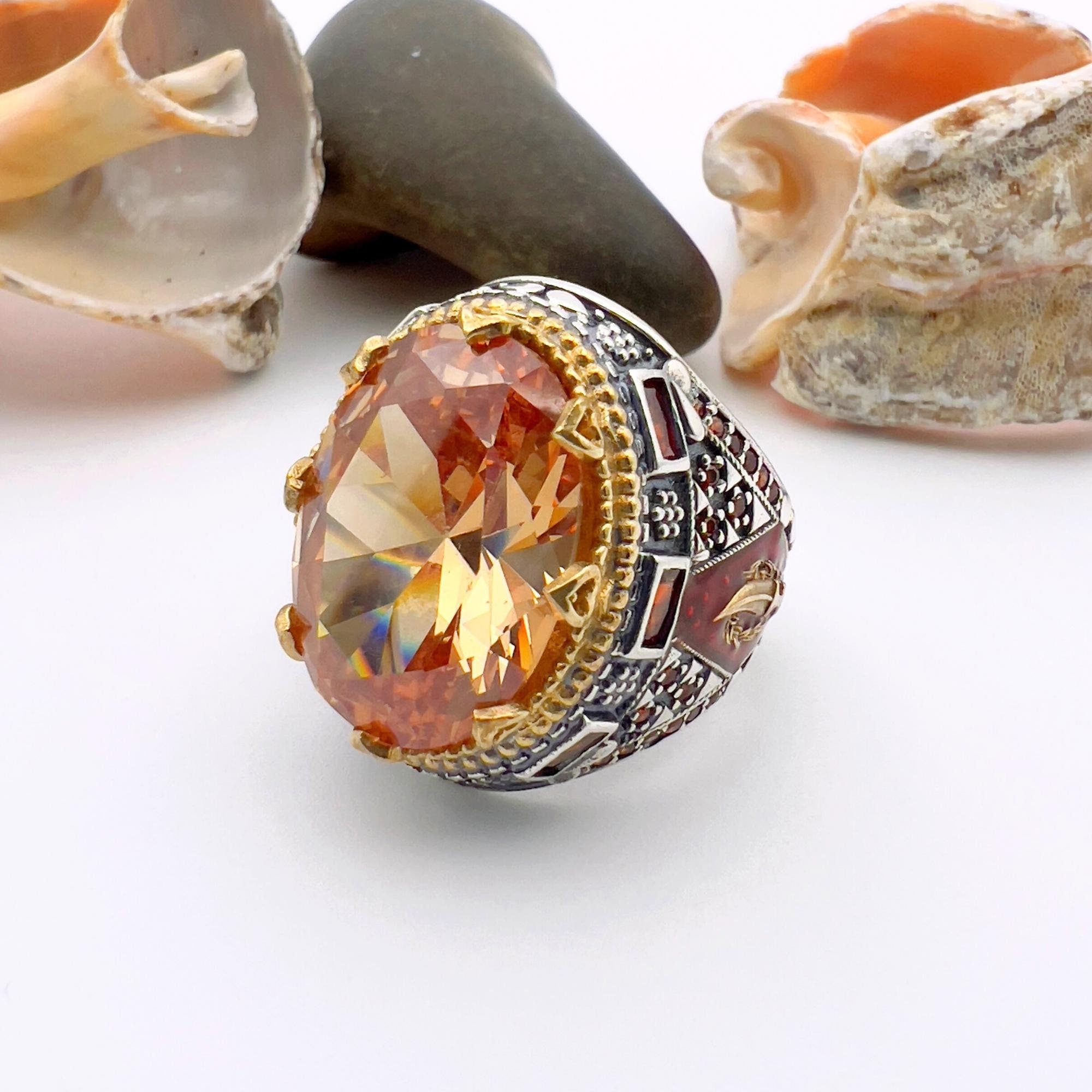 Bague pour homme en argent sterling 925 avec design de dague turque faite à la main et citrine champagne