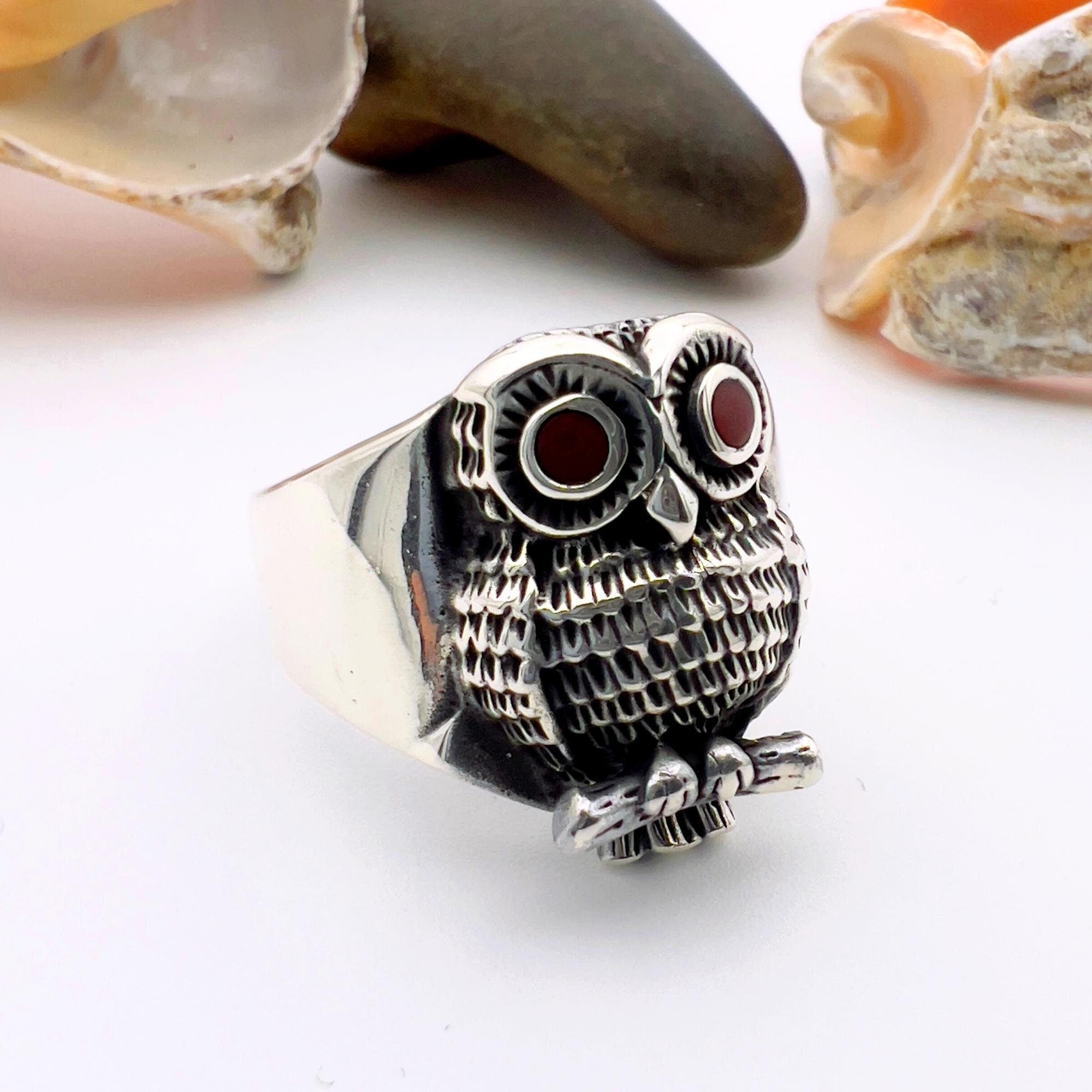 Handmade 925 Sterling Silver Owl Ring with Turquoise, Agate & Onyx Stones | Unisex Animal Jewelry