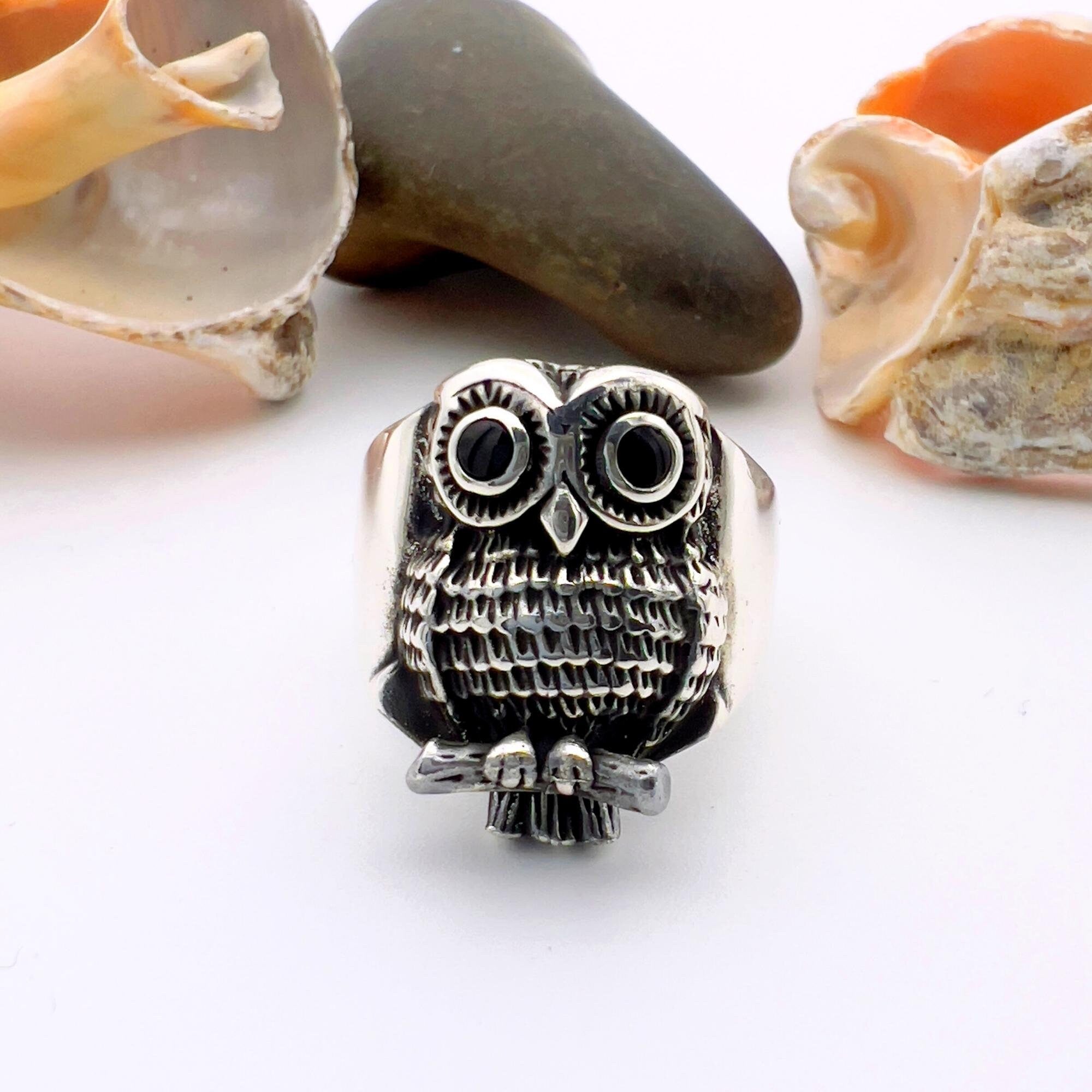 Handmade 925 Sterling Silver Owl Ring with Turquoise, Agate & Onyx Stones | Unisex Animal Jewelry