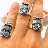 Handmade 925 Sterling Silver Owl Ring with Turquoise, Agate & Onyx Stones | Unisex Animal Jewelry