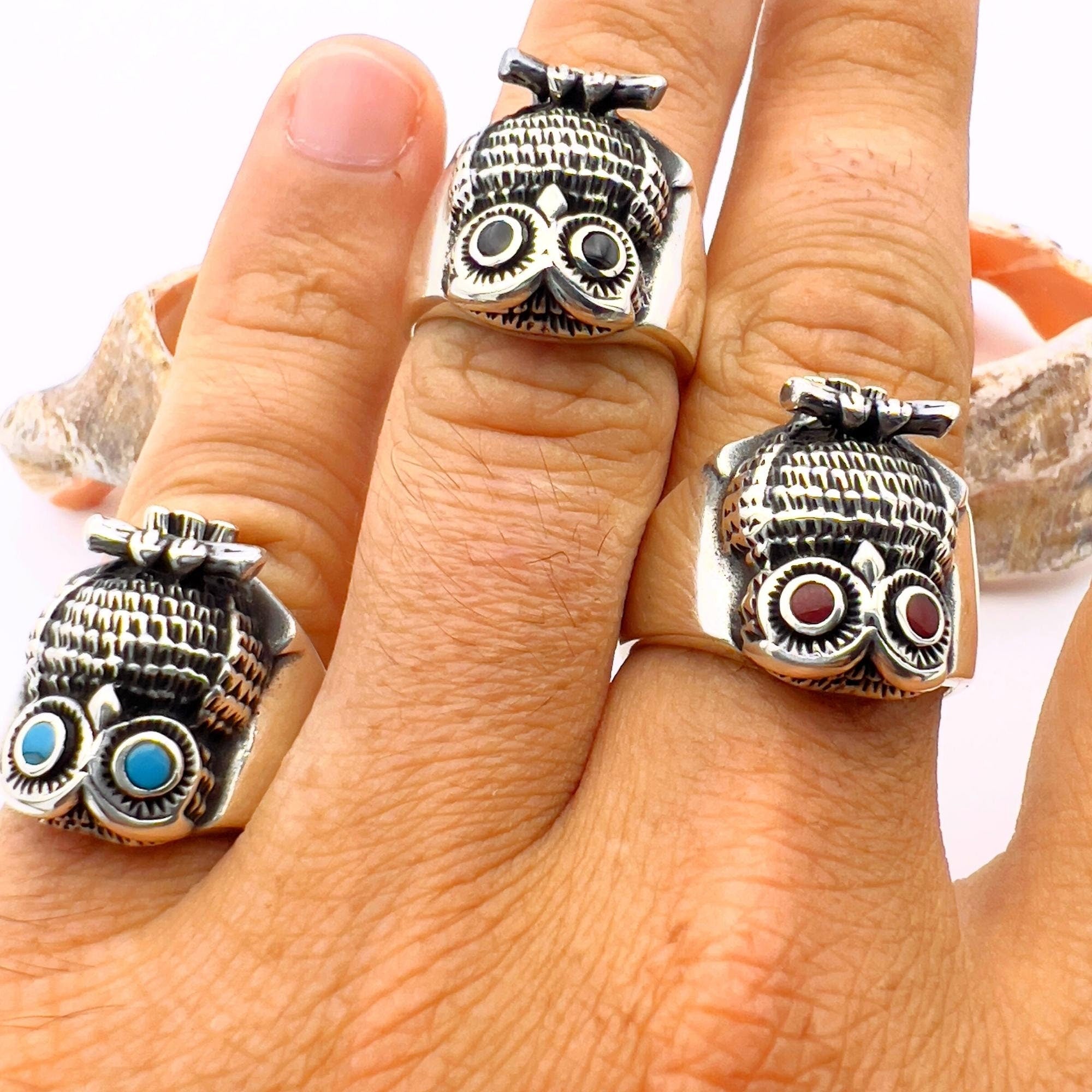 Handmade 925 Sterling Silver Owl Ring with Turquoise, Agate & Onyx Stones | Unisex Animal Jewelry