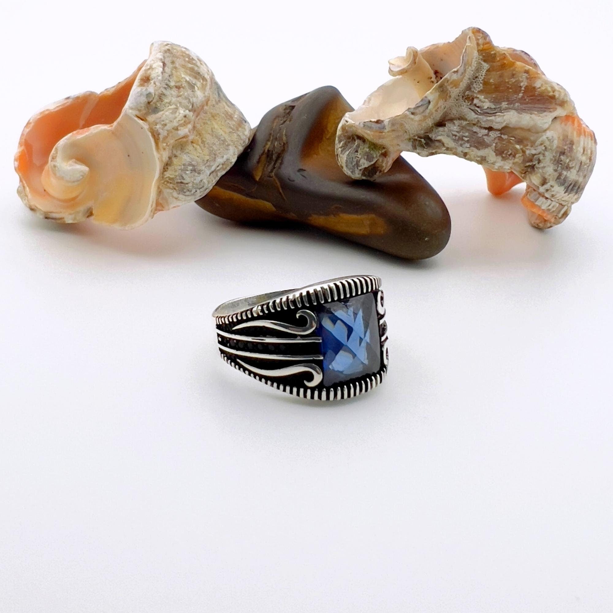 Men's Handmade Turkish Sterling Silver Blue Sapphire Ring
