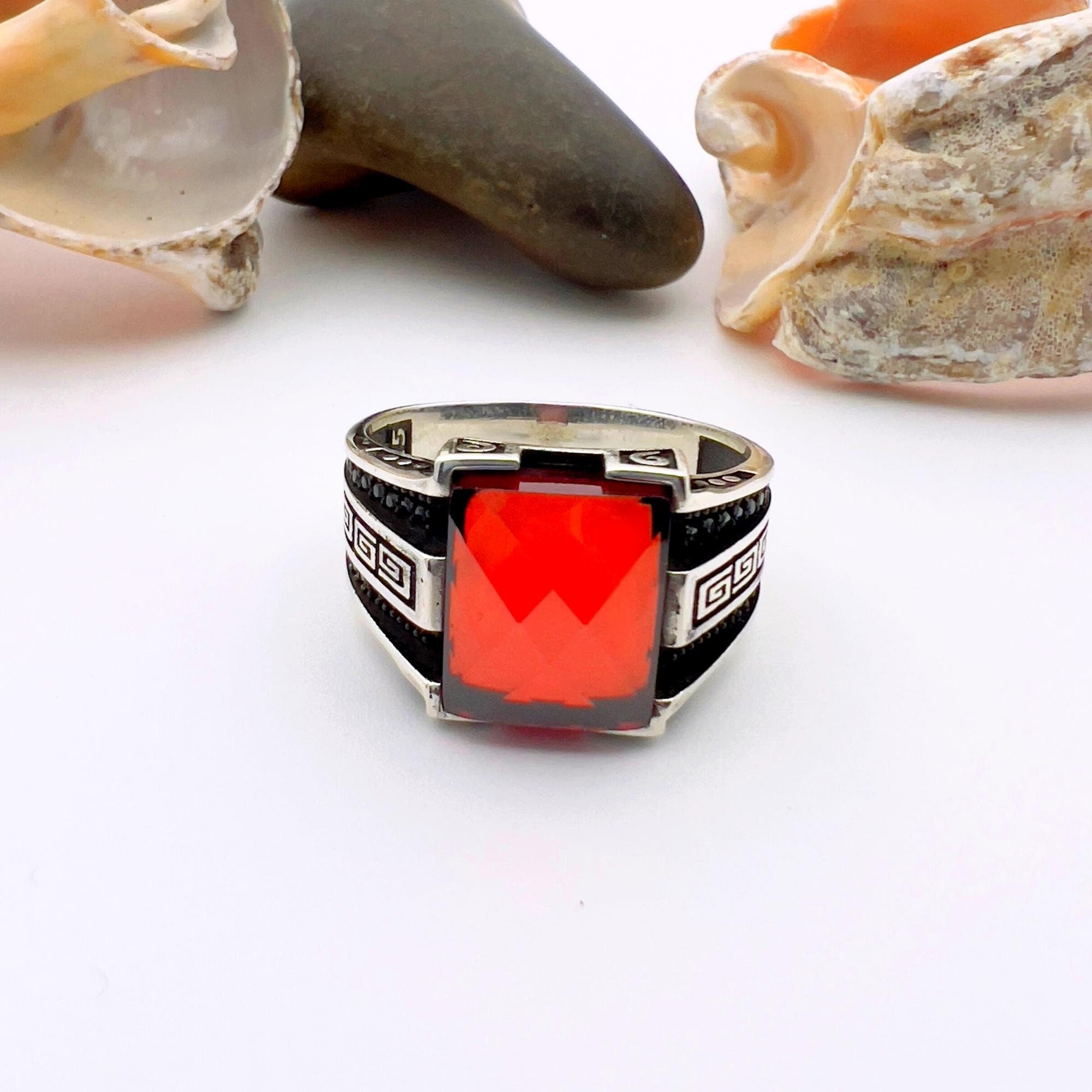 Turkish Handmade 925 Sterling Silver Men's Red Zircon Minimalist Ring - Elegant Statement Jewelry