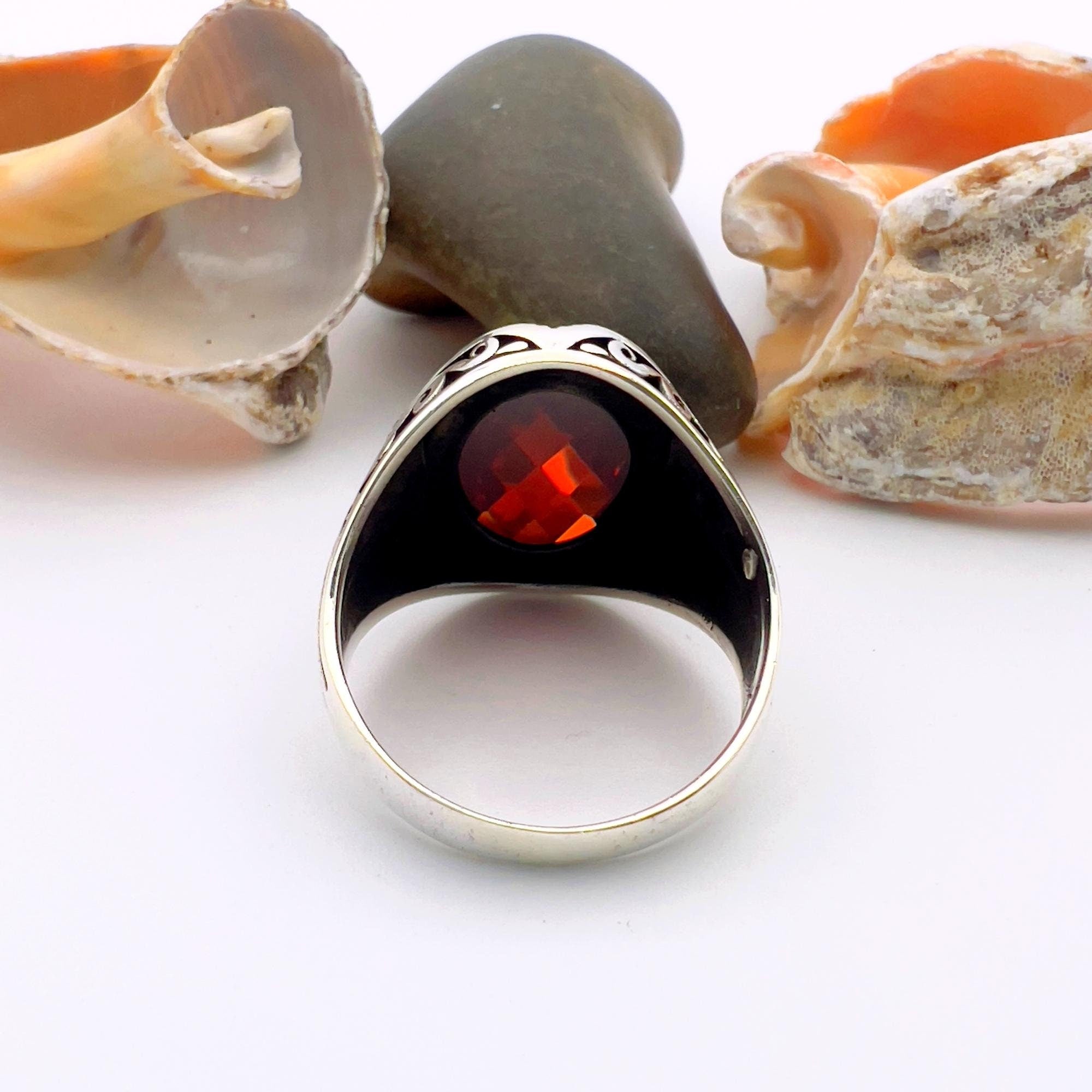 خاتم رجالي تركي يدوي الصنع من الفضة الإسترلينية 925 برأس نسر مزدوج مع زركون أحمر - هدية له