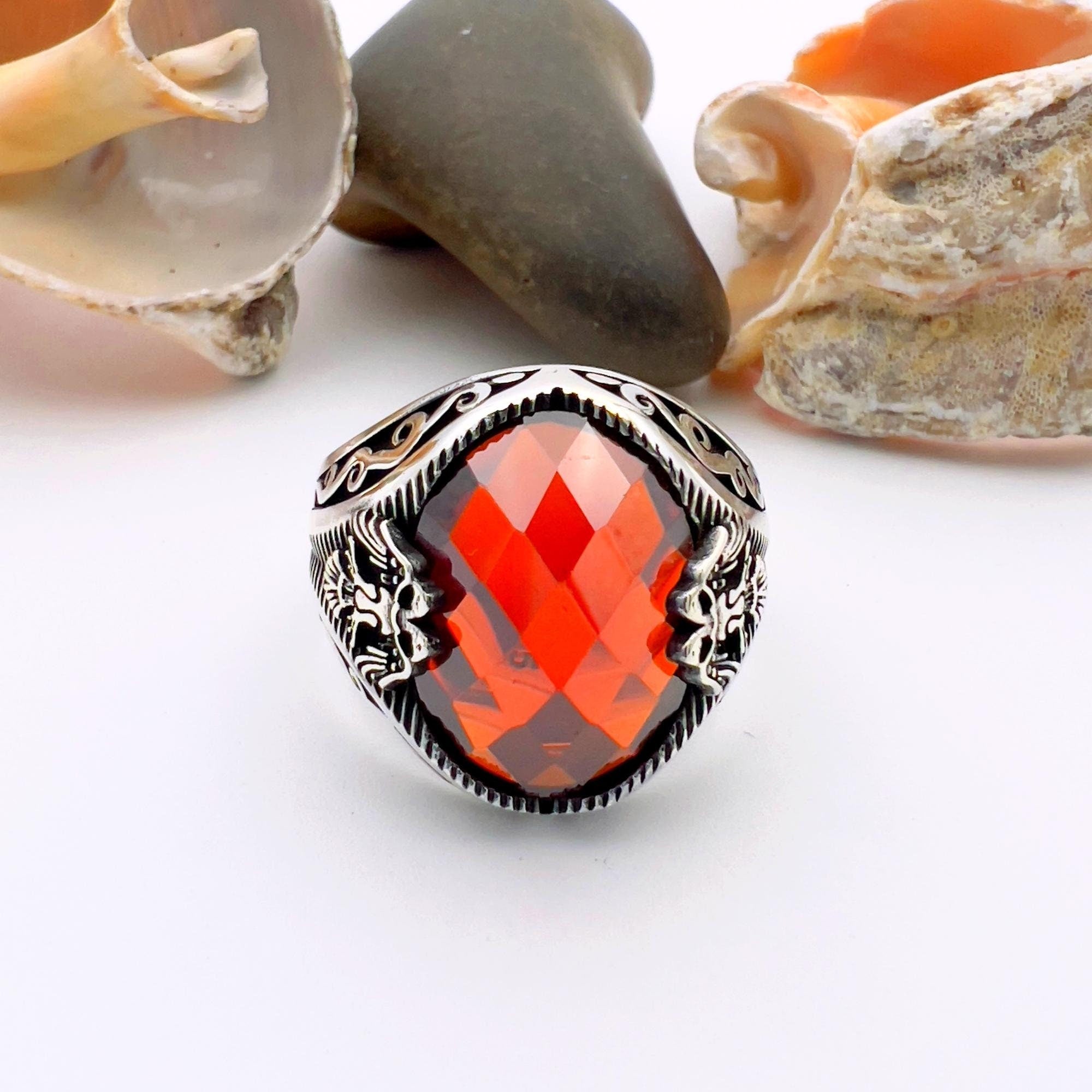 خاتم رجالي تركي يدوي الصنع من الفضة الإسترلينية 925 برأس نسر مزدوج مع زركون أحمر - هدية له