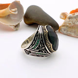 خاتم رجالي يدوي الصنع على الطراز العثماني: فضة استرلينية 925K مع زمرد أخضر بيضاوي