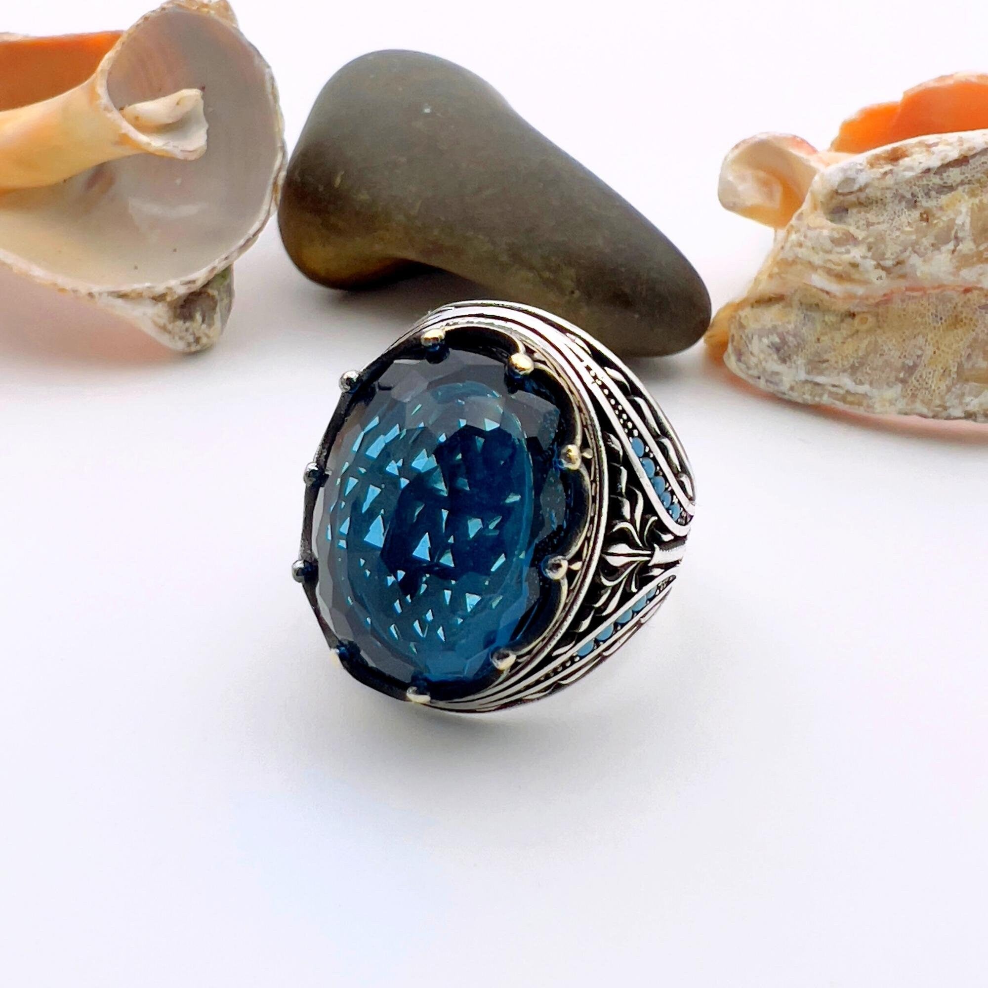 Turkish Handmade Men's Sapphire Ring - Ottoman Style 925K Sterling Silver Gift for Him