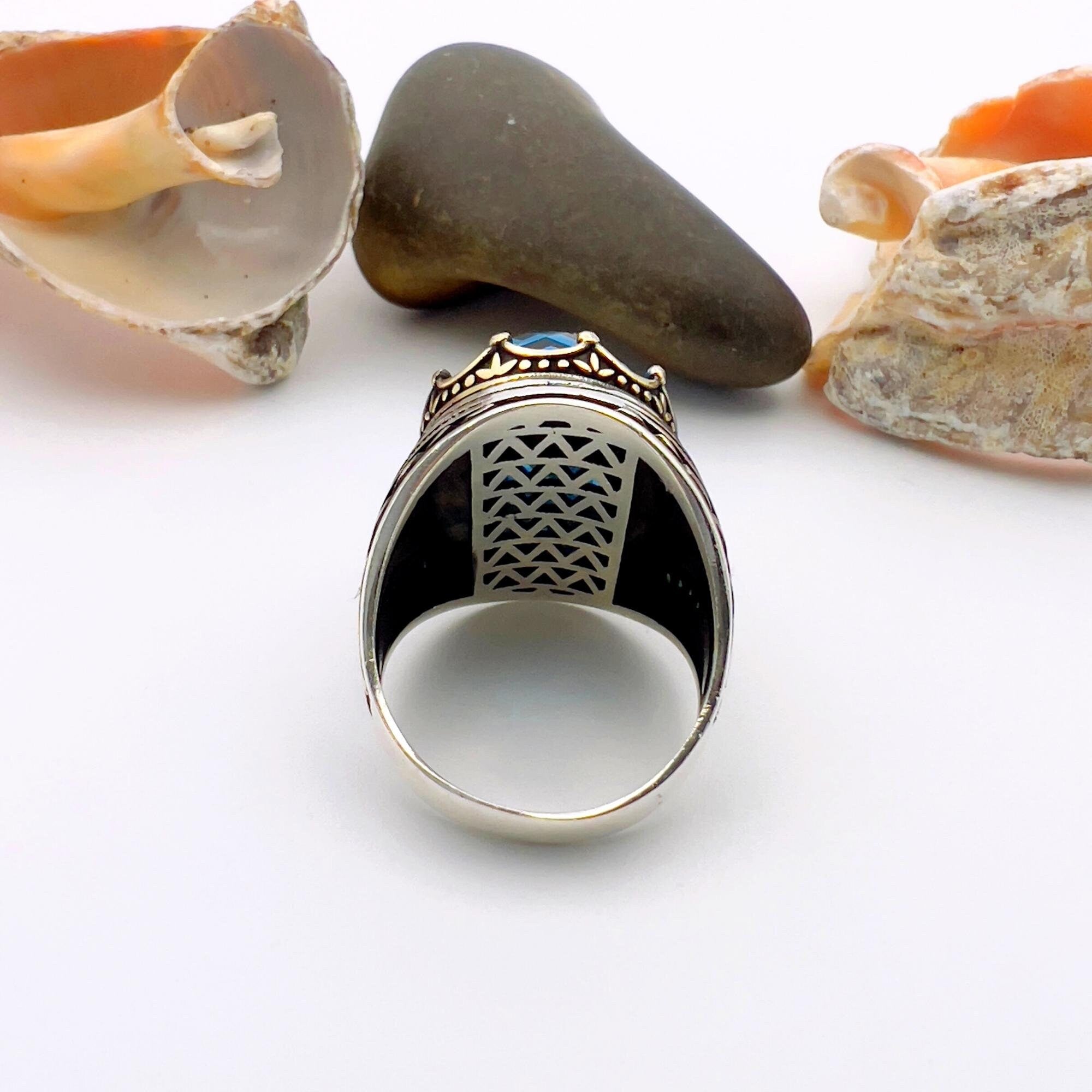 Turkish Handmade Men's Sapphire Ring - Ottoman Style 925K Sterling Silver Gift for Him