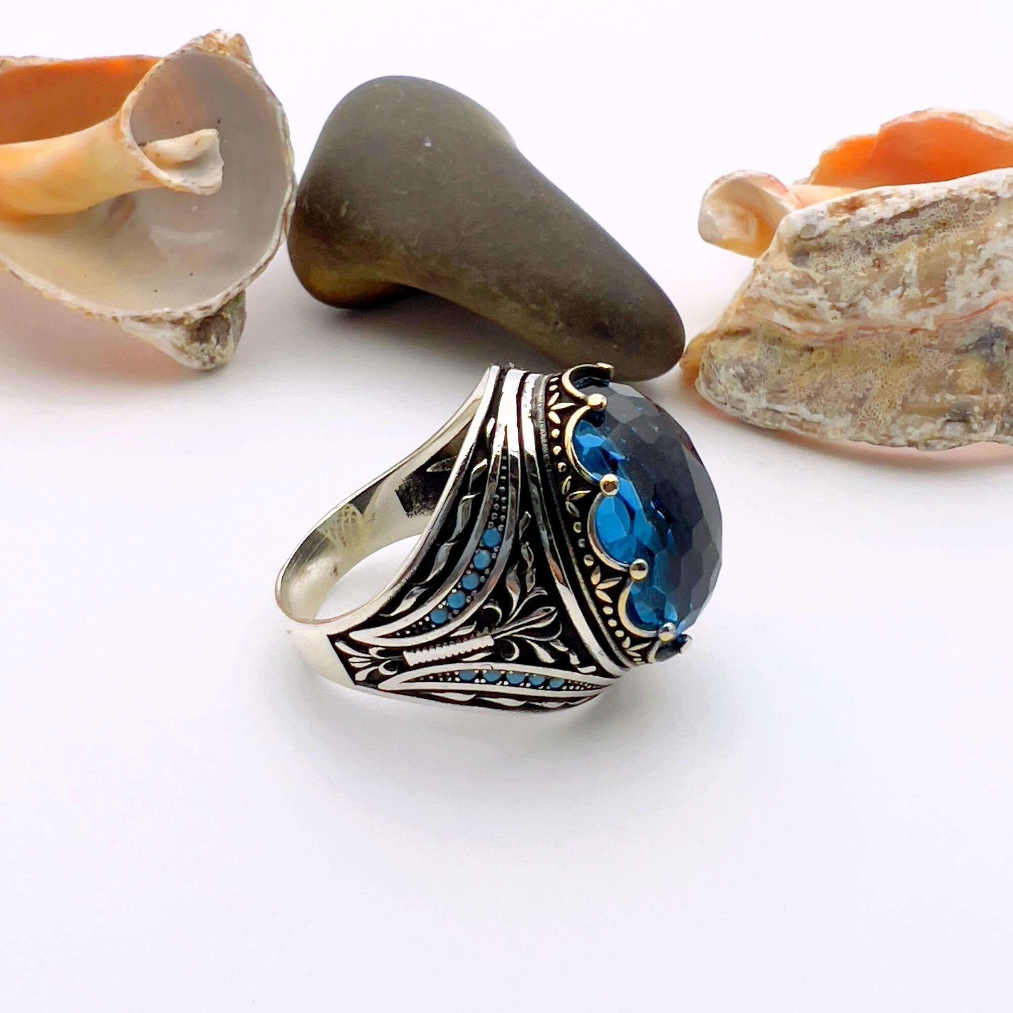 Turkish Handmade Men's Sapphire Ring - Ottoman Style 925K Sterling Silver Gift for Him