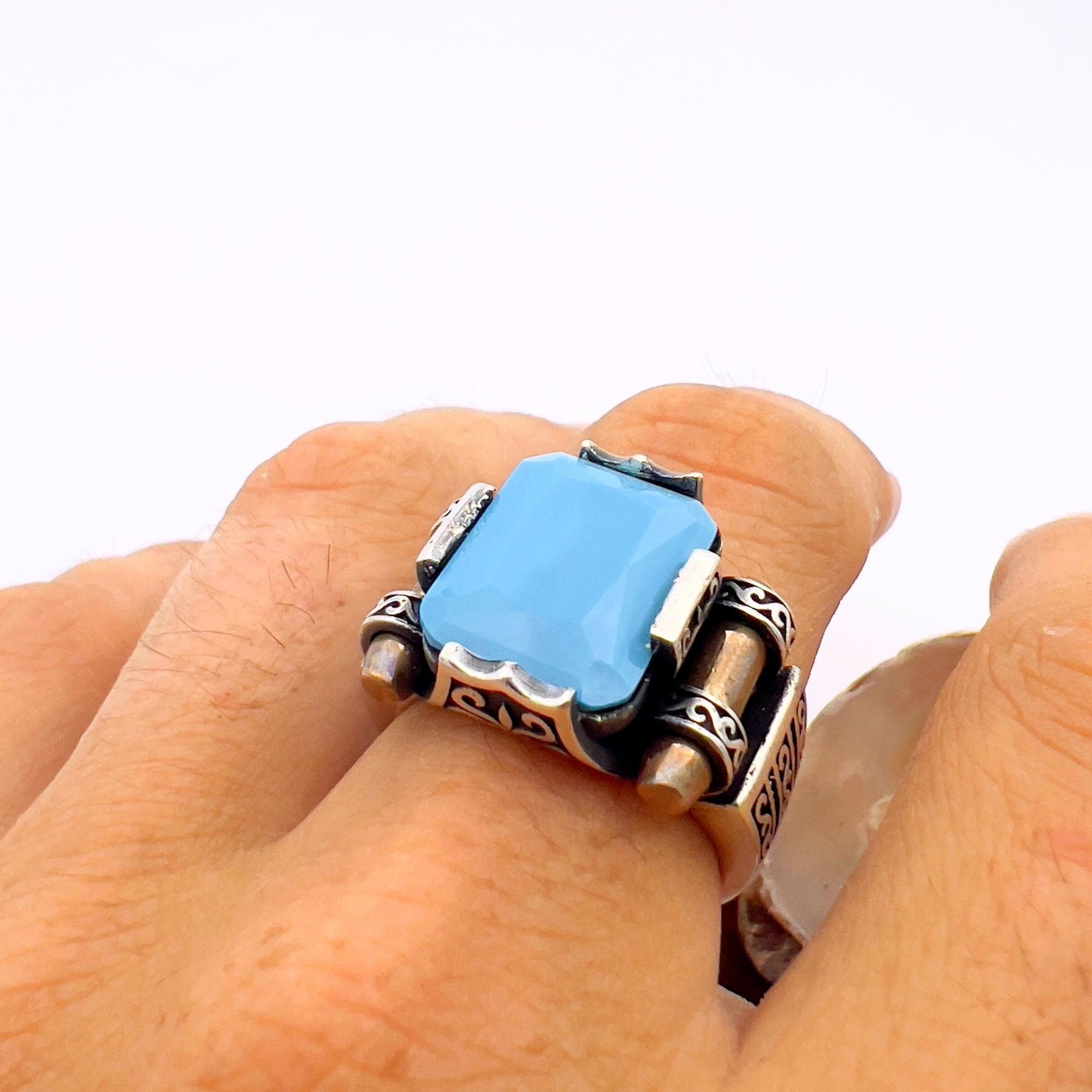 Exquisite Turkish Handmade 925K Sterling Silver Blue Turquoise Squared Unisex Ring | Artisan Crafted Statement Piece
