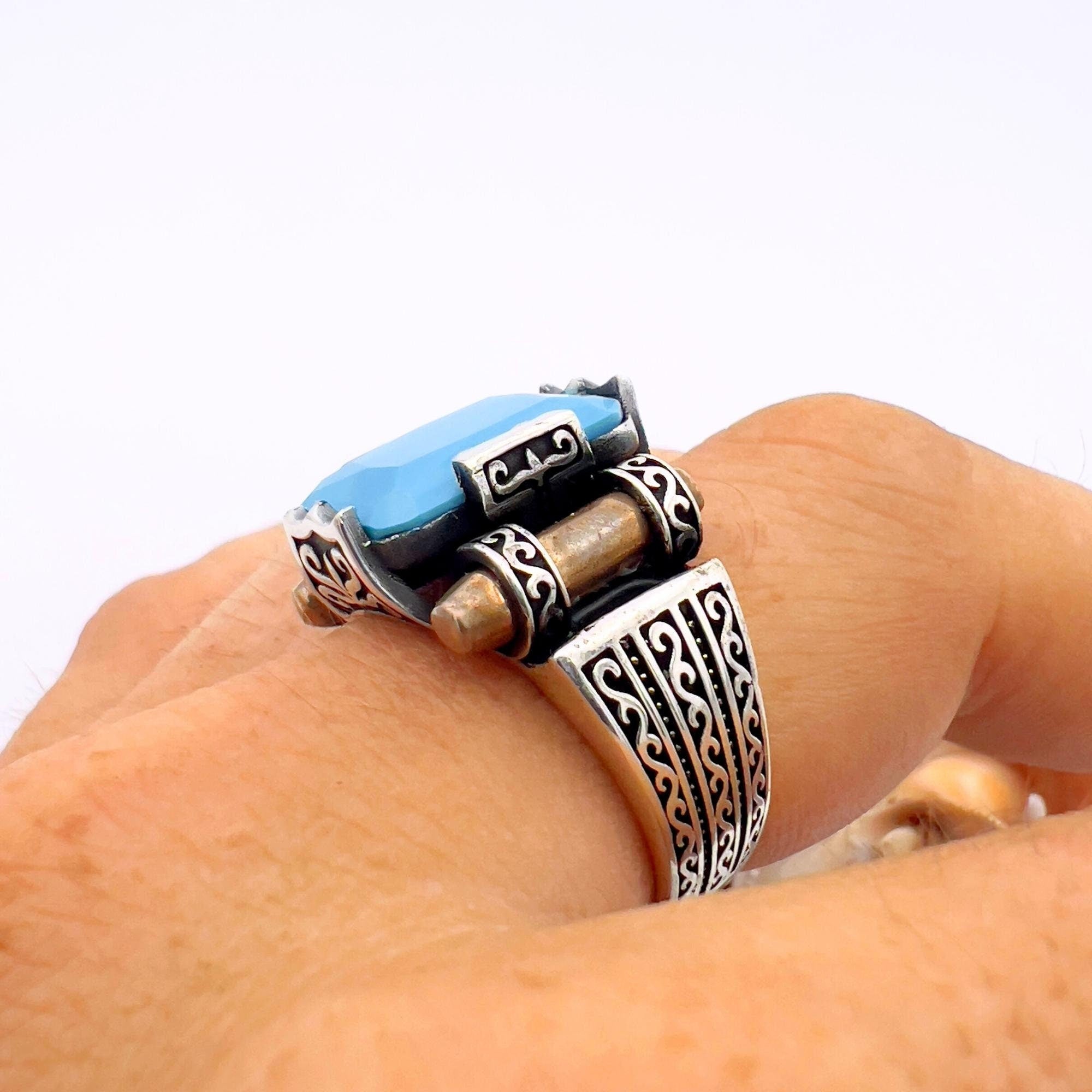 Exquisite Turkish Handmade 925K Sterling Silver Blue Turquoise Squared Unisex Ring | Artisan Crafted Statement Piece