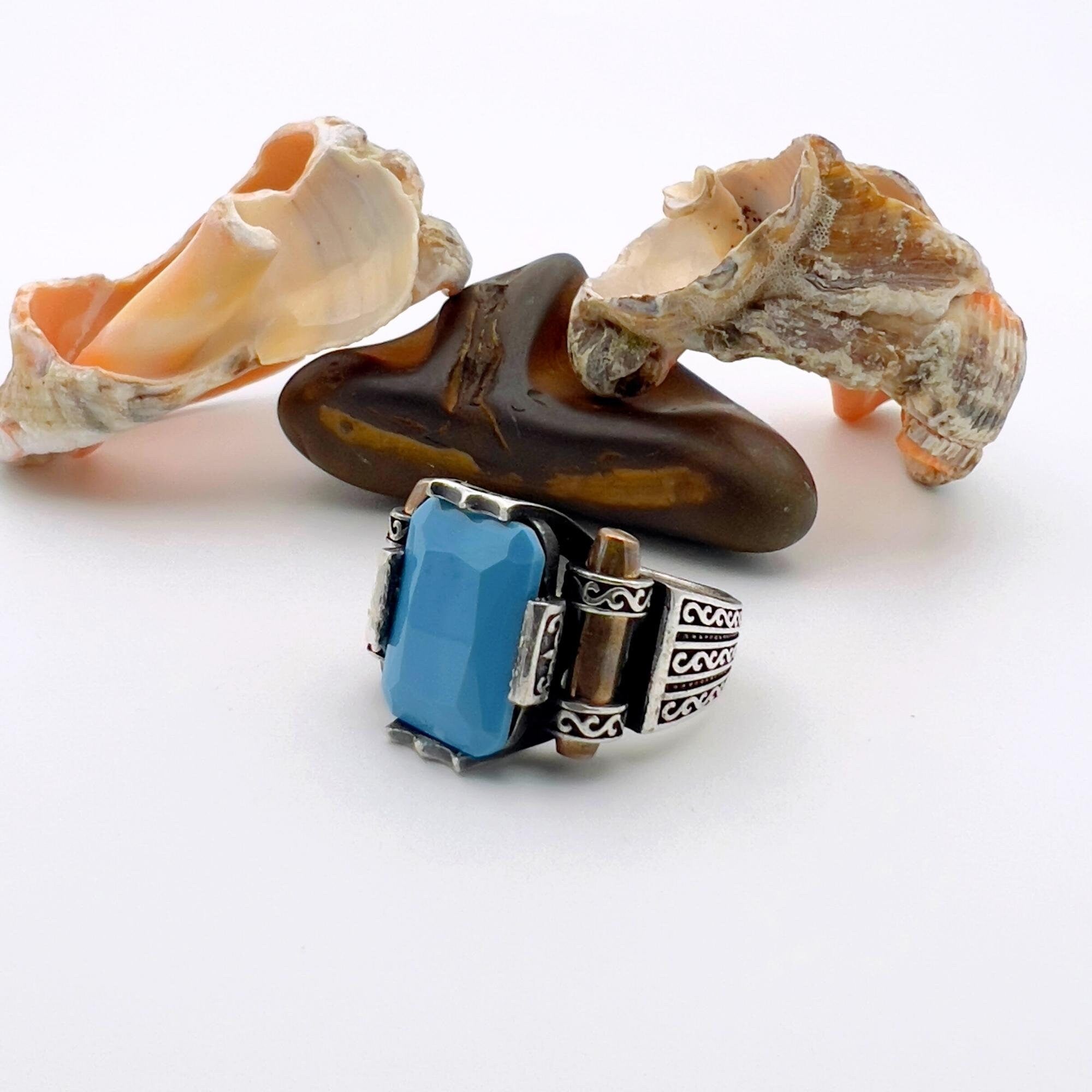 Exquisite Turkish Handmade 925K Sterling Silver Blue Turquoise Squared Unisex Ring | Artisan Crafted Statement Piece