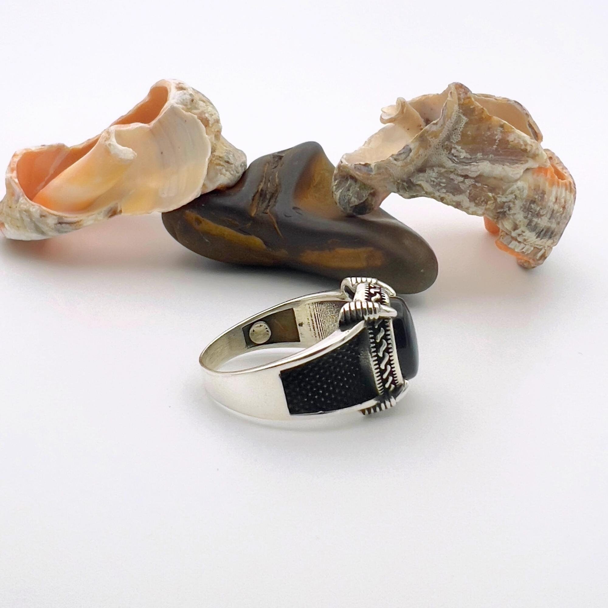 Men's Black Onyx Stone Ottoman Style Silver Ring