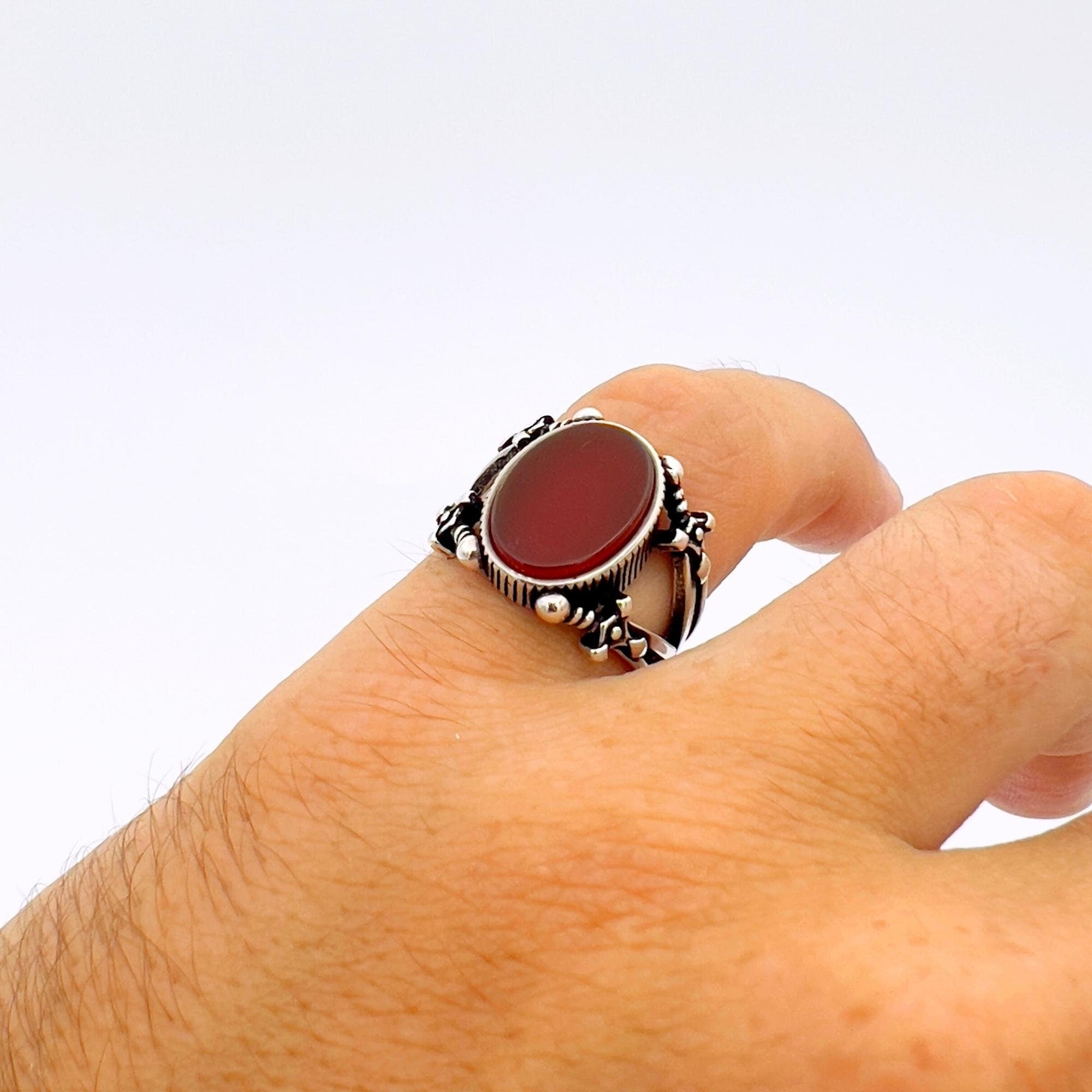 Handmade Turkish Sterling Silver Red Agate Sword Men's Ring | Unique Statement Jewelry Gift