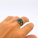 Turkish Handmade Green Emerald Men's Sterling Silver Sword Detail Statement Ring