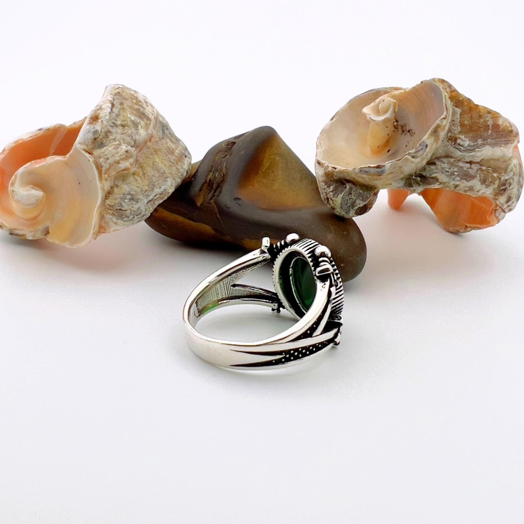 Men's Handmade Turkish 925 Sterling Silver Green Emerald Statement Ring