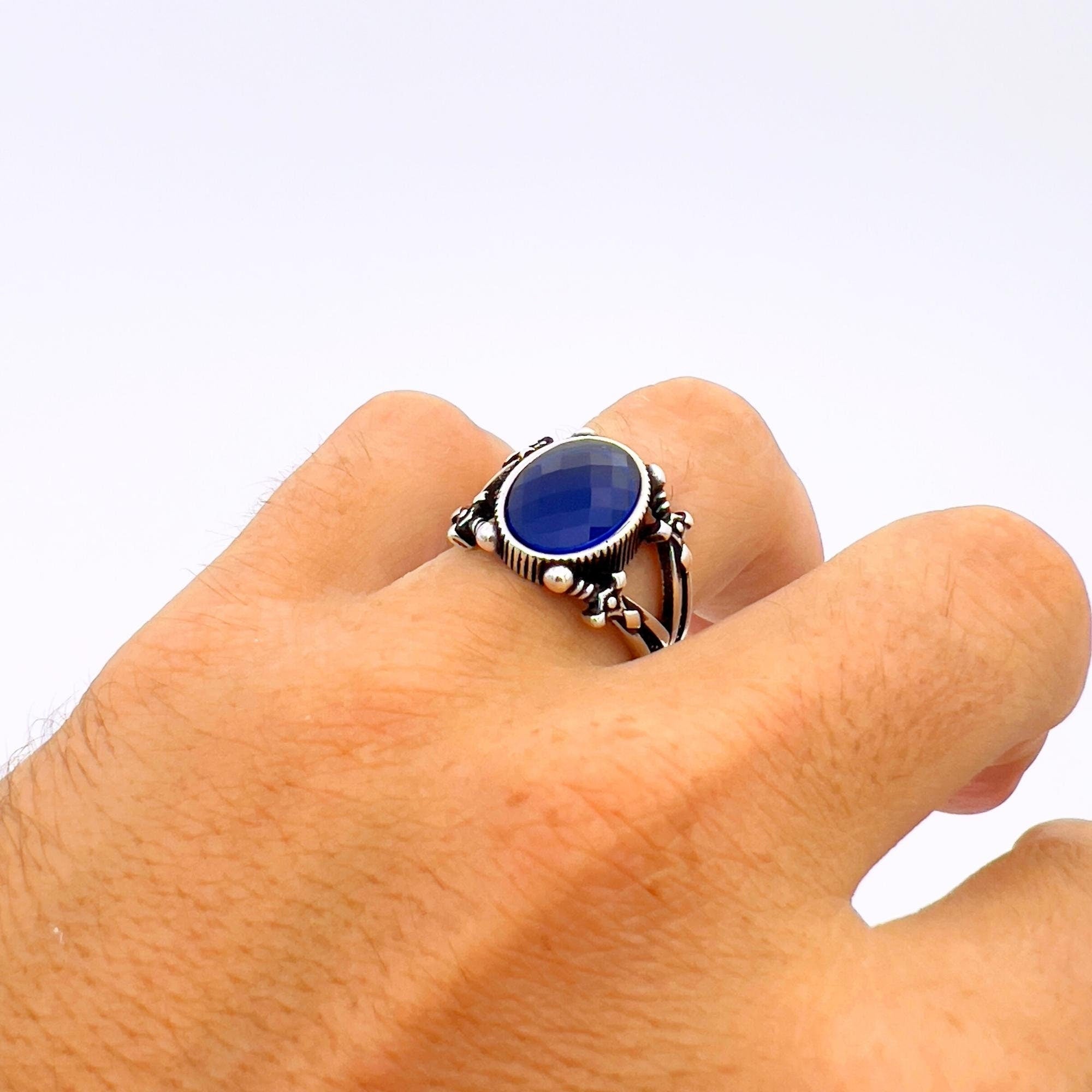Handcrafted Turkish Sterling Silver Men's Ring with Blue Sapphire & Sword Detail | Unique Statement Jewelry Gift