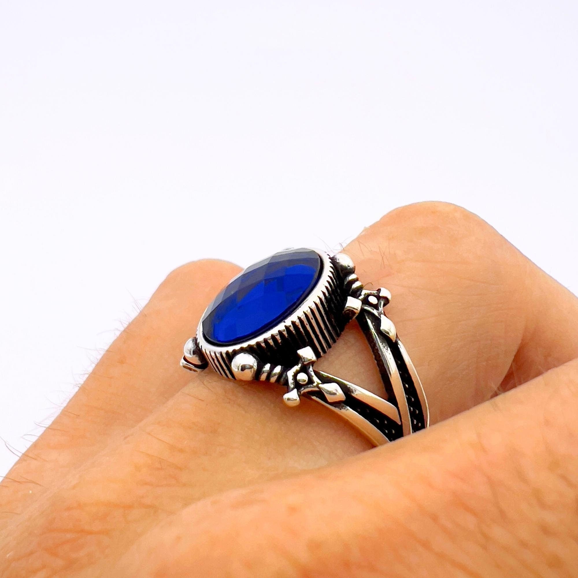 Handcrafted Turkish Sterling Silver Men's Ring with Blue Sapphire & Sword Detail | Unique Statement Jewelry Gift