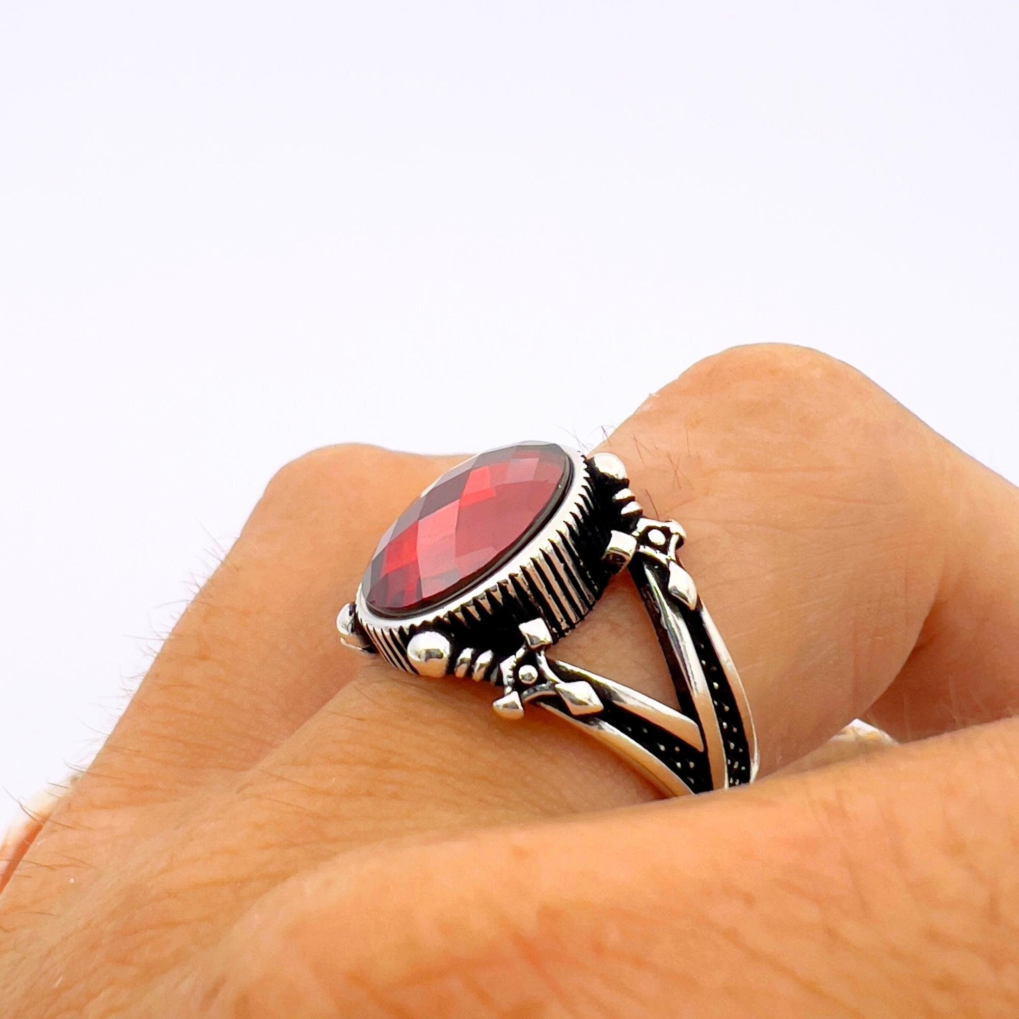 Men's Turkish Handmade 925 Sterling Silver Sword Ring | Red Zircon Stone Statement Jewelry