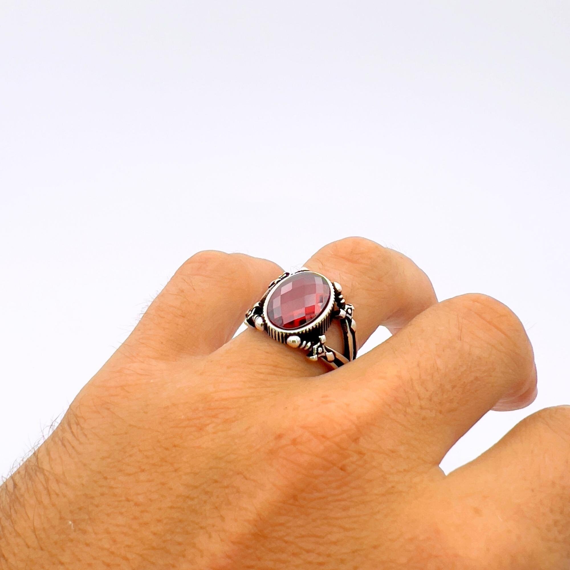 Men's Turkish Handmade 925 Sterling Silver Sword Ring | Red Zircon Stone Statement Jewelry