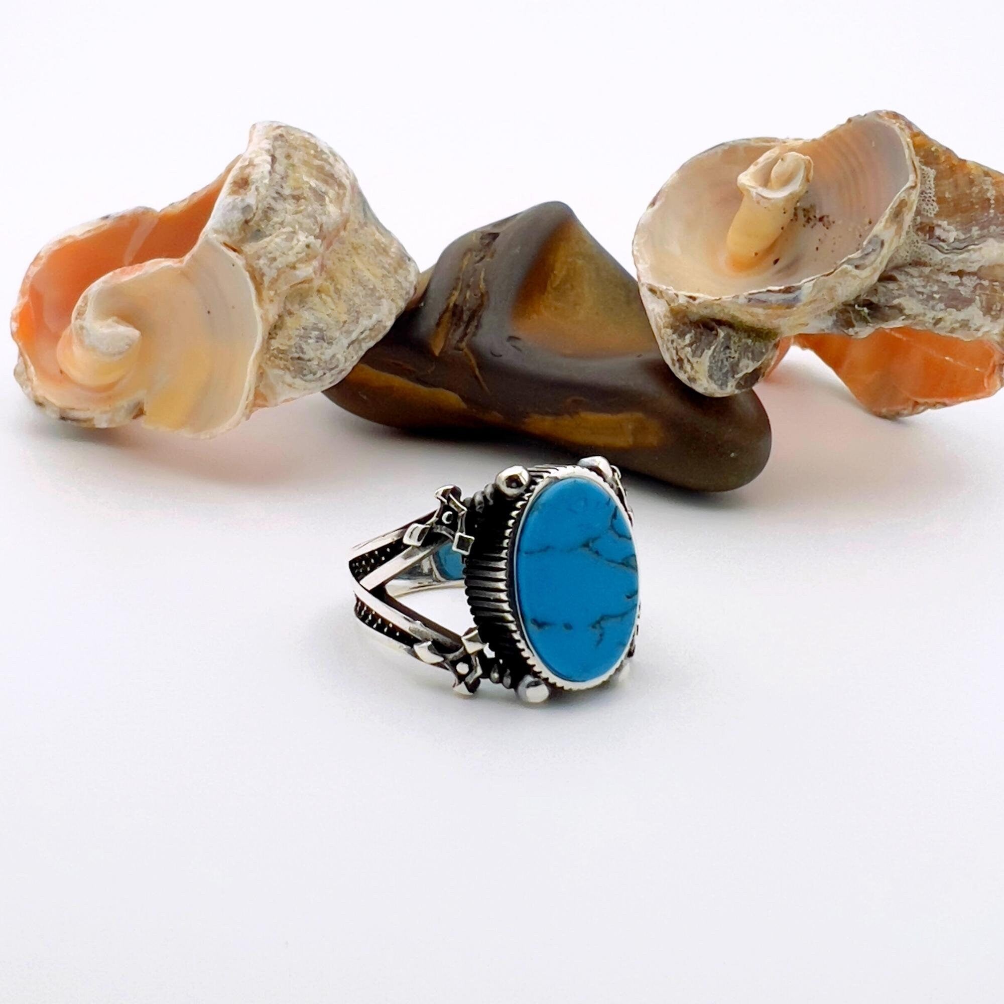 Artisan Crafted Men's 925 Sterling Silver Ring with Natural Blue Turquoise, Ottoman Style