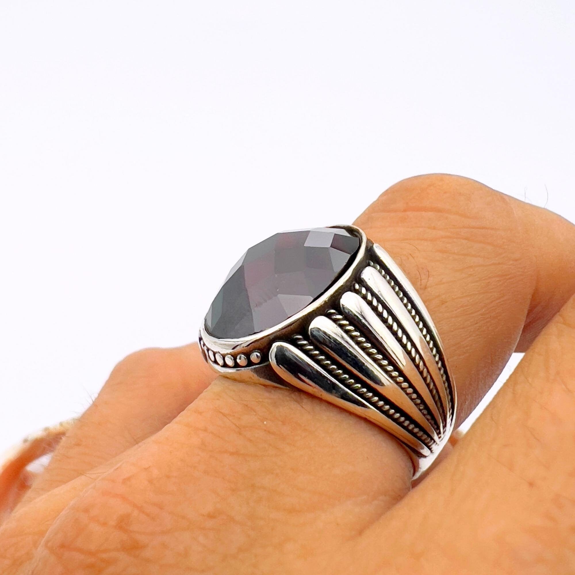 Men's Handmade 925 Sterling Silver Red Zircon Statement Ring | Turkish Inspired Design