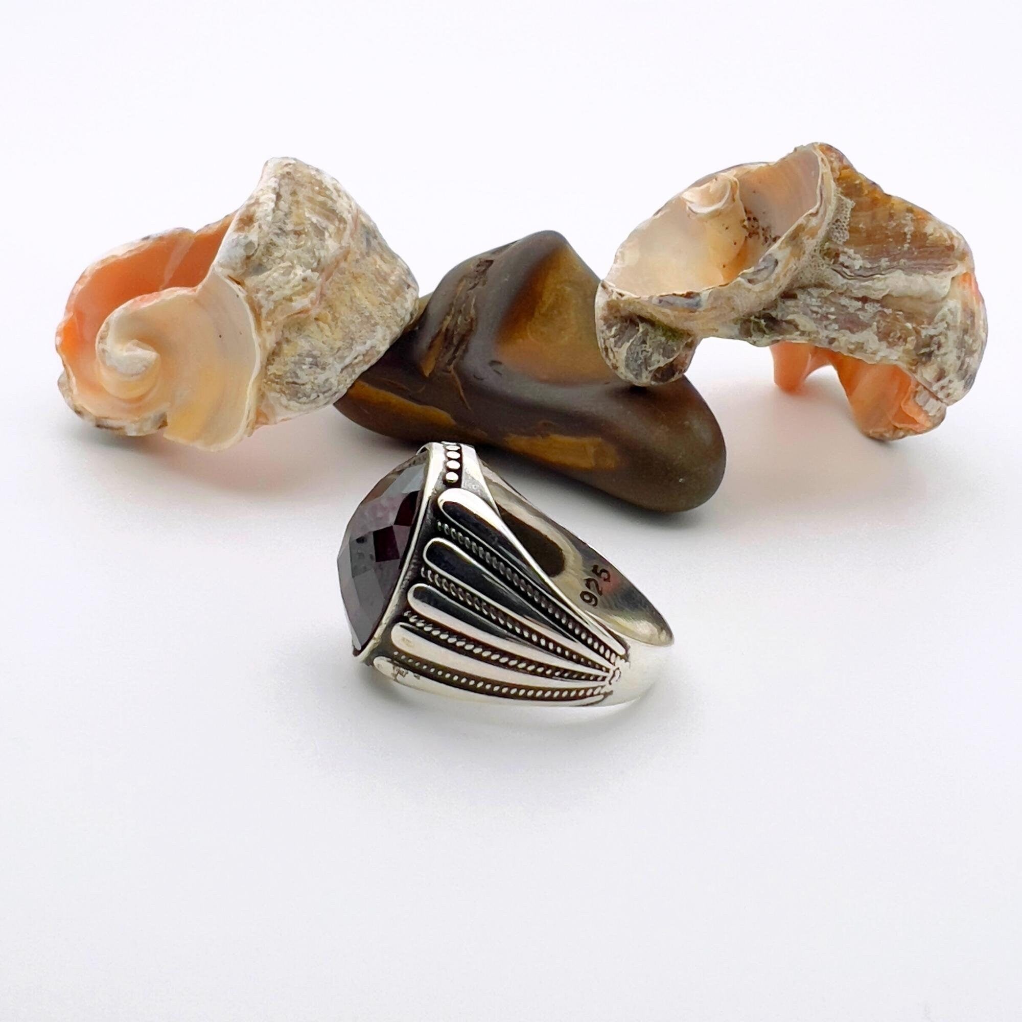 Men's Handmade 925 Sterling Silver Red Zircon Statement Ring | Turkish Inspired Design