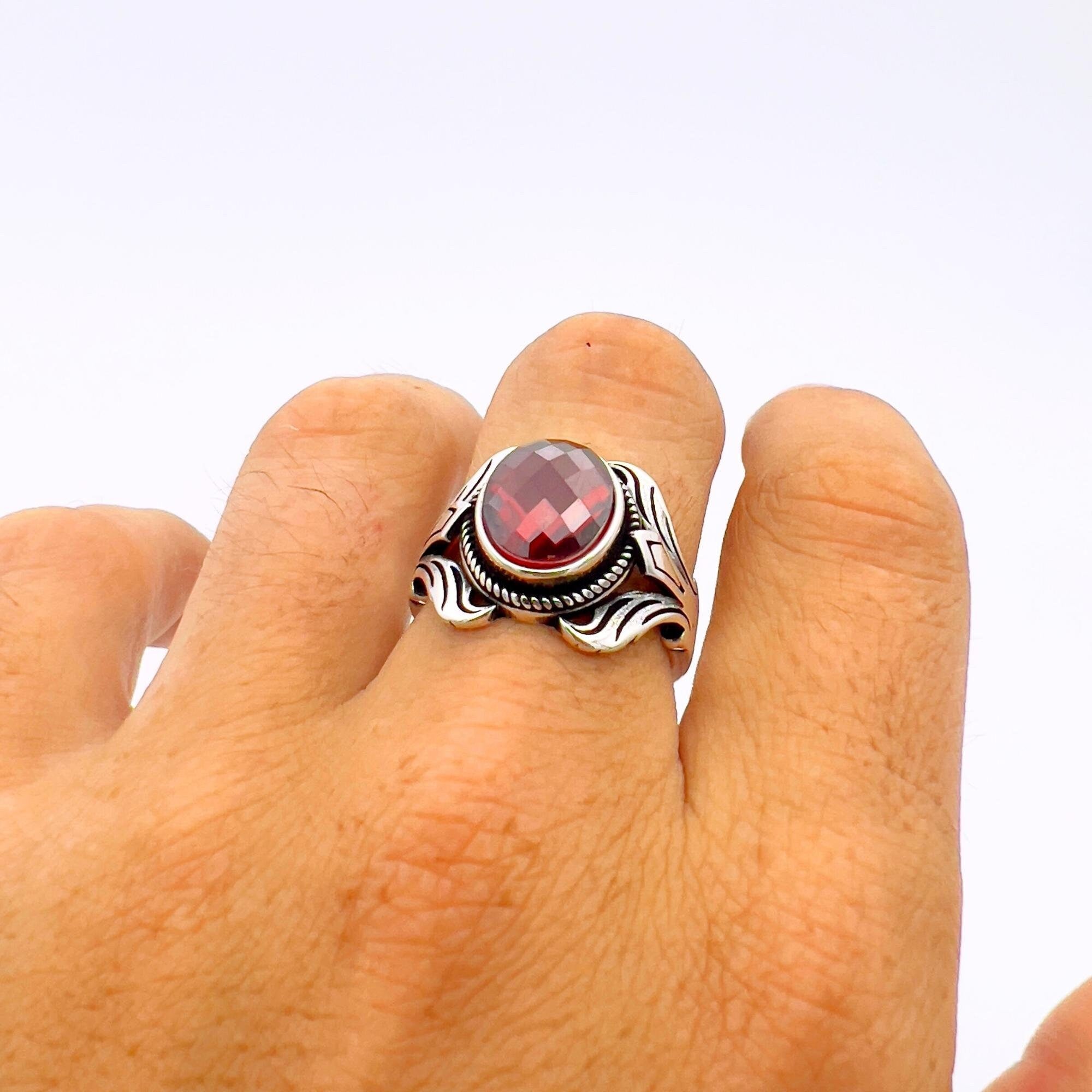 Artisan Crafted Unisex Red Zircon Oval 925 Sterling Silver Ring - Elegant Gift