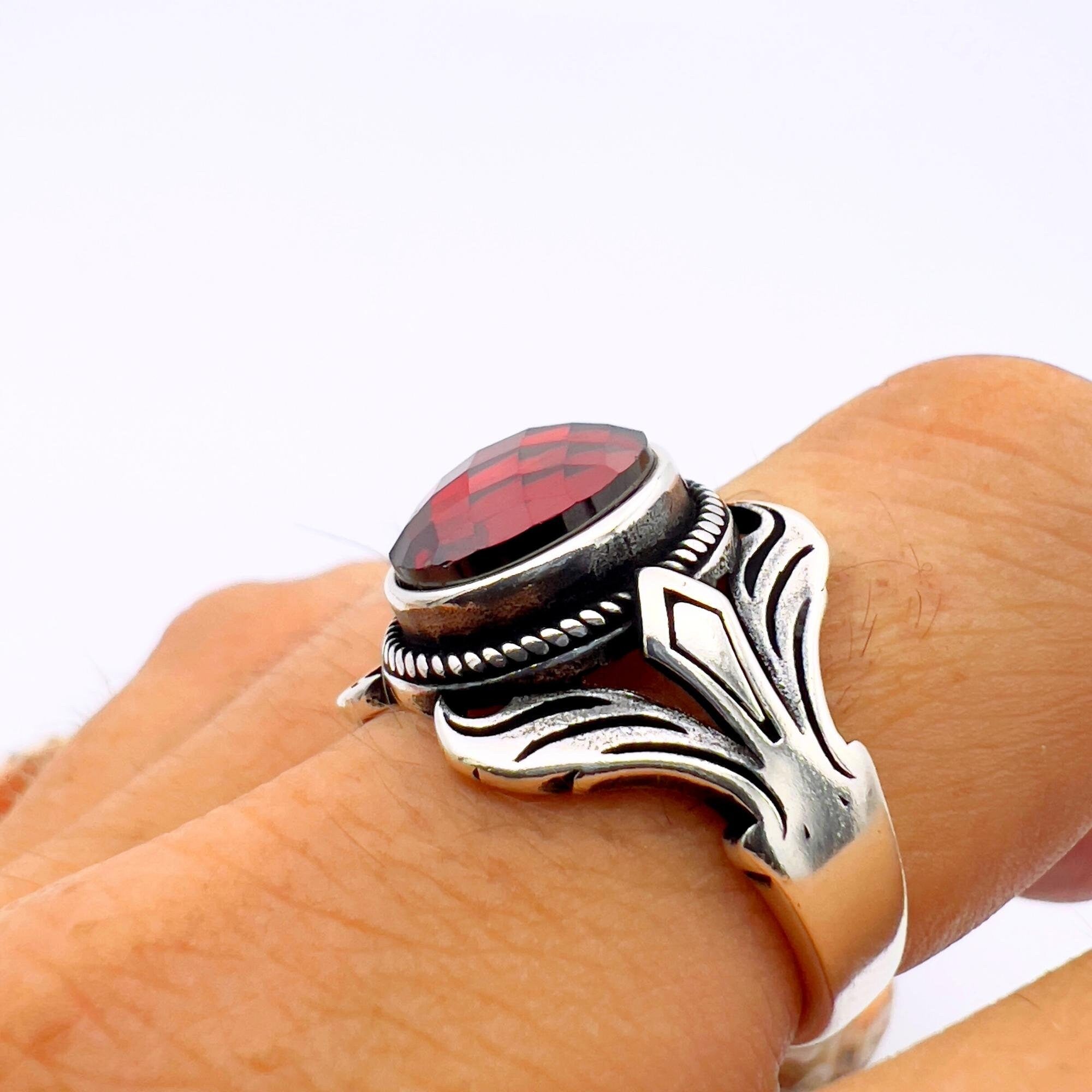 Artisan Crafted Unisex Red Zircon Oval 925 Sterling Silver Ring - Elegant Gift