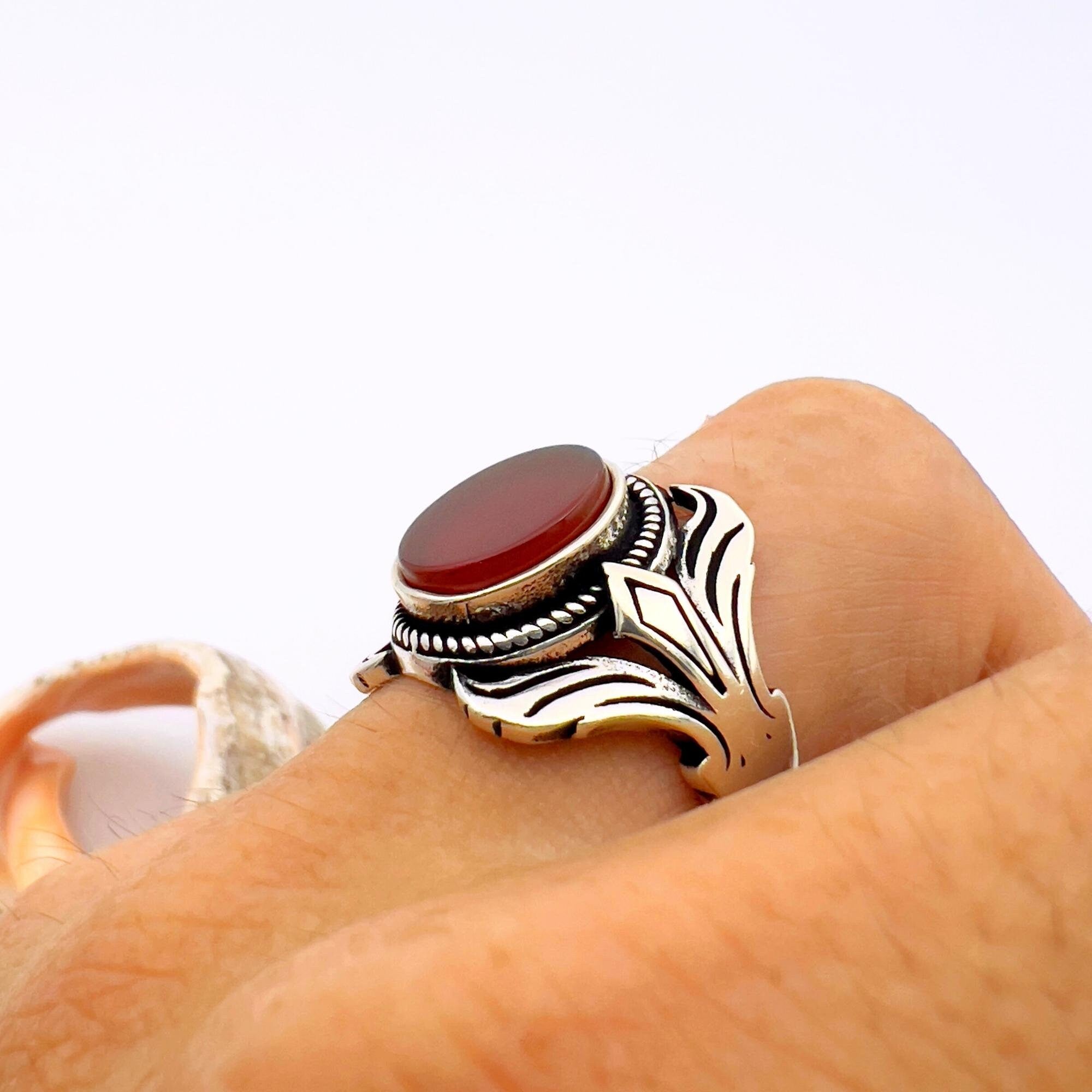 Men's Turkish Handmade Ottoman-Style 925 Sterling Silver Red Agate Ring
