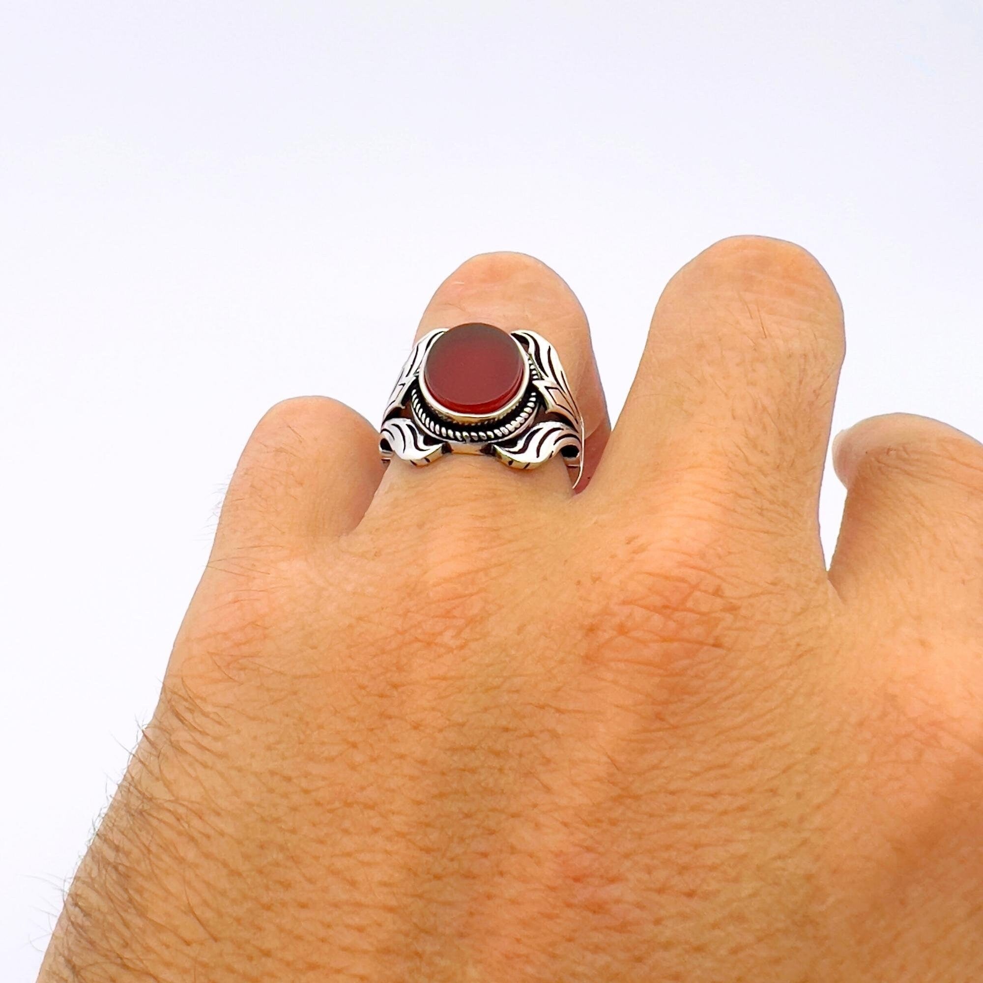 Men's Turkish Handmade Ottoman-Style 925 Sterling Silver Red Agate Ring