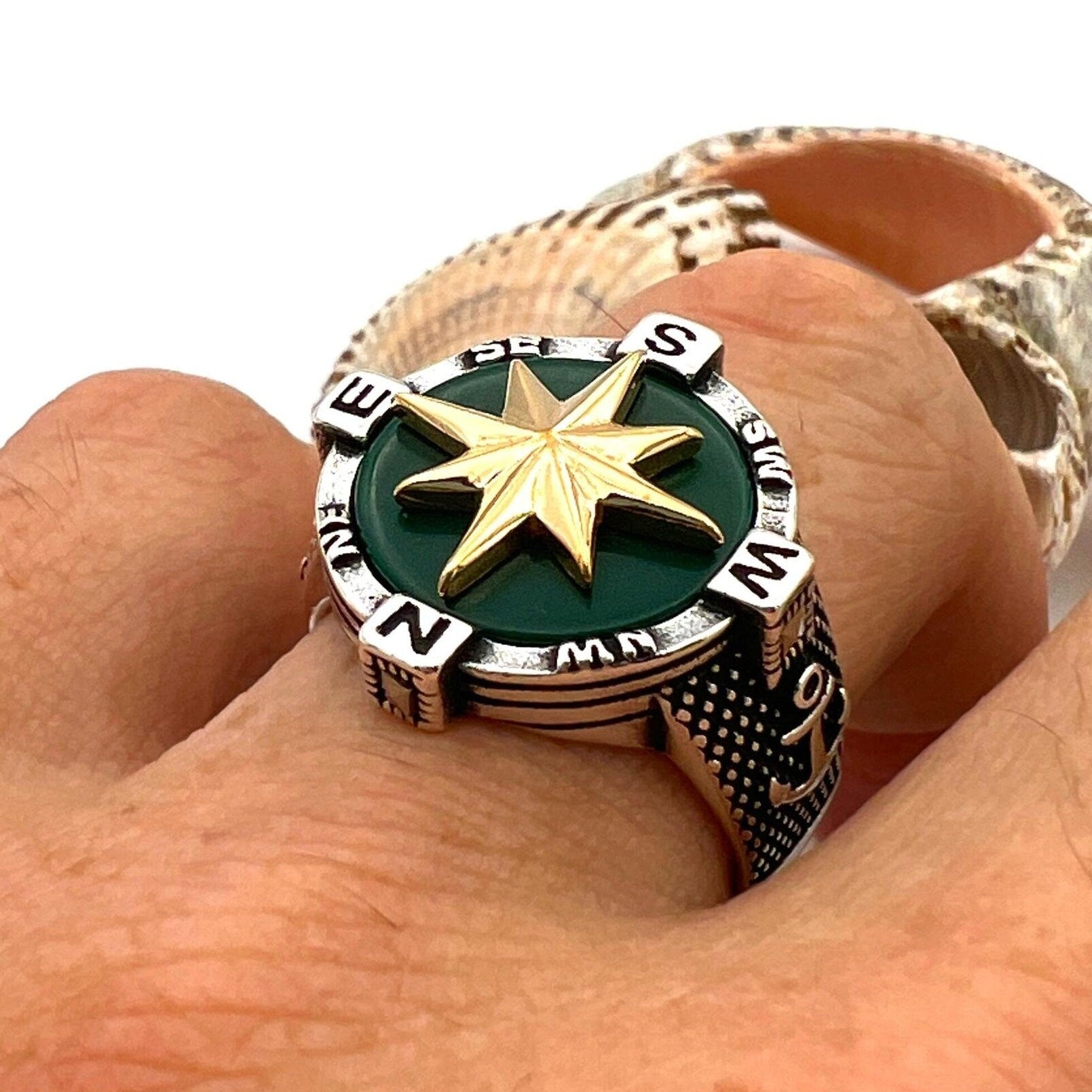 خاتم فضة إسترليني 925 تركي أصلي مصنوع يدويًا للرجال بحجر العقيق الأخضر - هدية أنيقة له