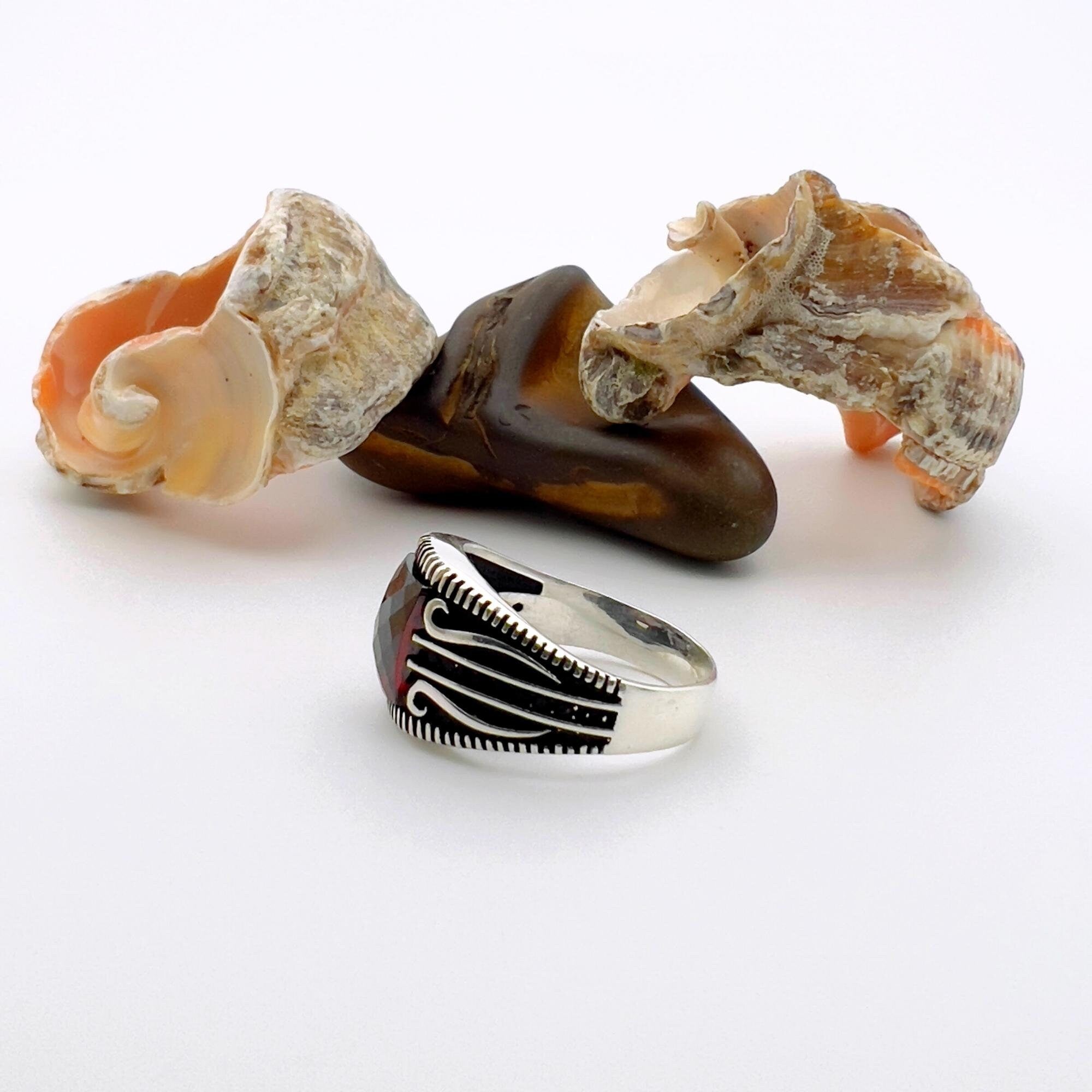 Exquisite Men's Handcrafted Red Zircon 925 Sterling Silver Statement Ring