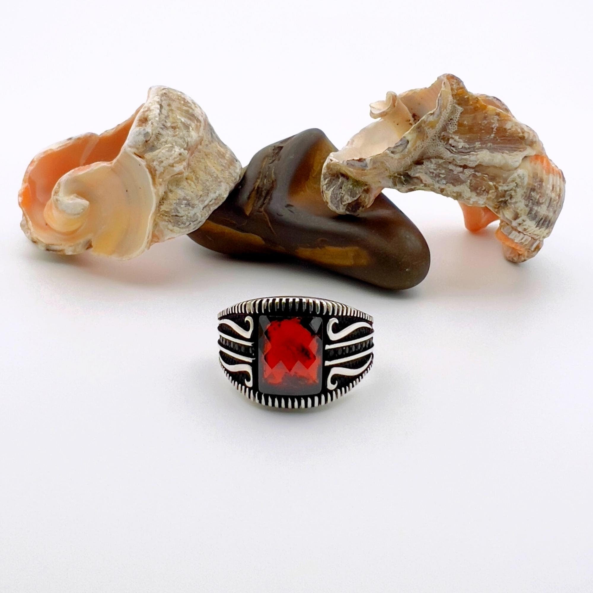 Exquisite Men's Handcrafted Red Zircon 925 Sterling Silver Statement Ring