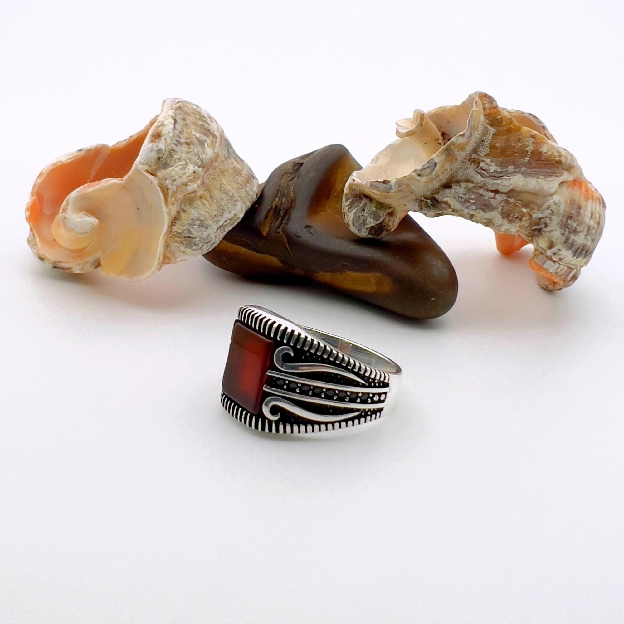 Handmade Men's 925 Sterling Silver Red Agate Statement Ring - Timeless Turkish Jewelry Gift