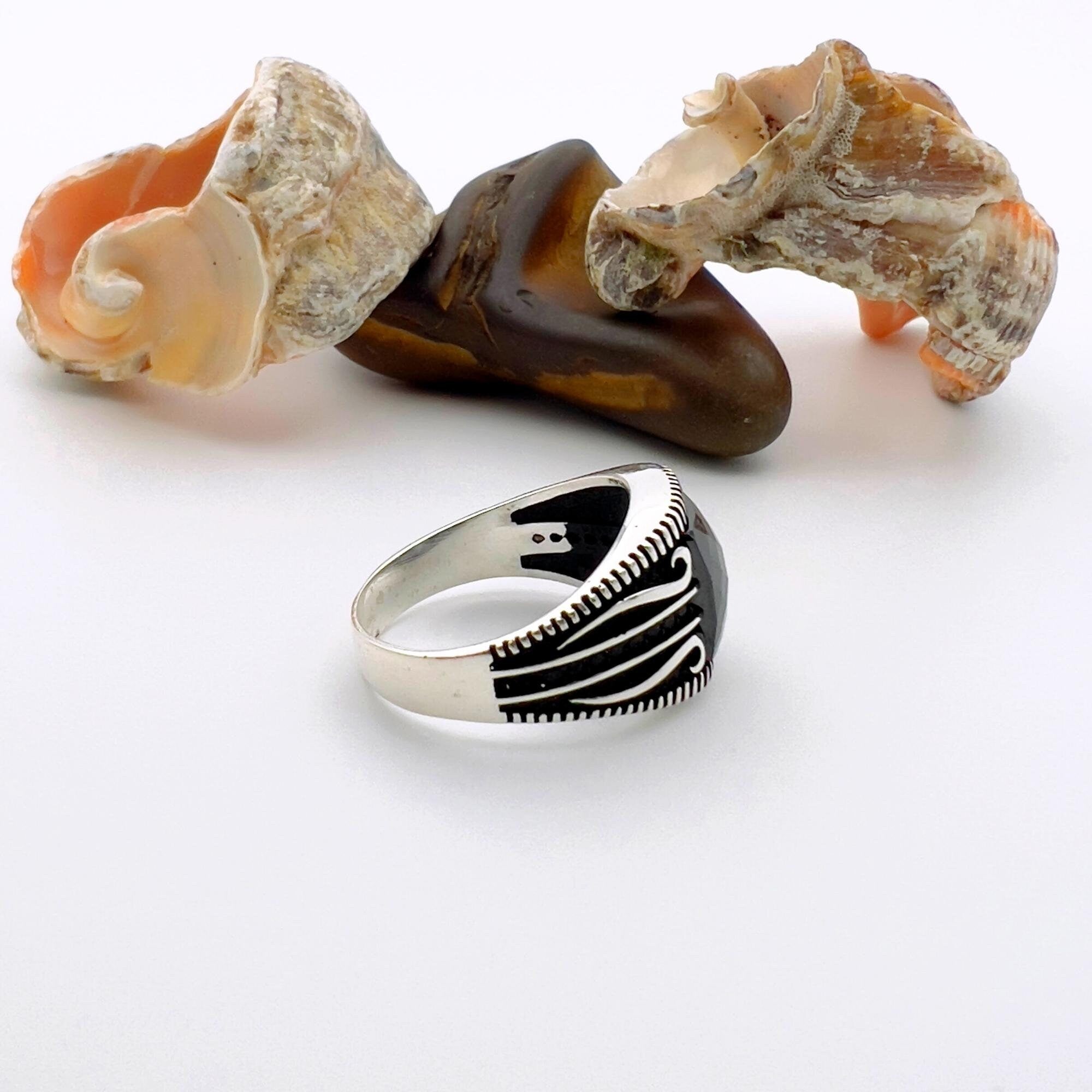 Handmade Turkish 925 Sterling Silver Men's Ring with Black Zircon Stone - Modern & Bold Statement