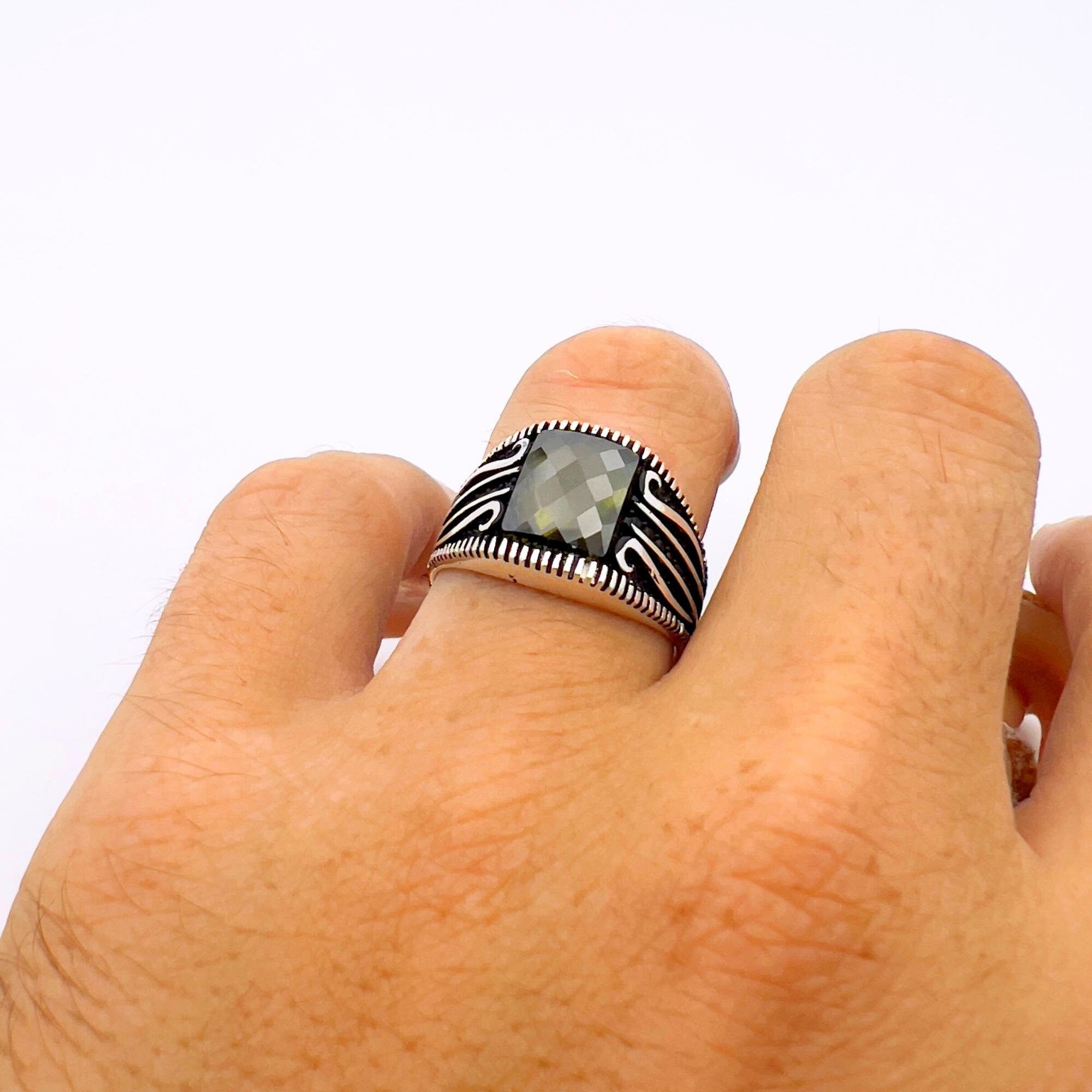 خاتم رجالي تركي يدوي الصنع من الفضة الإسترلينية 925 | حجر كهرمان أصفر مربع جريء