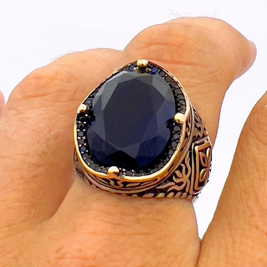 Premium Men's Blue Sapphire 925 Sterling Silver Ring | Turkish-Inspired Handcrafted Jewelry Gift