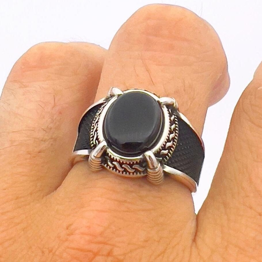 Men's Black Onyx Stone Ottoman Style Silver Ring