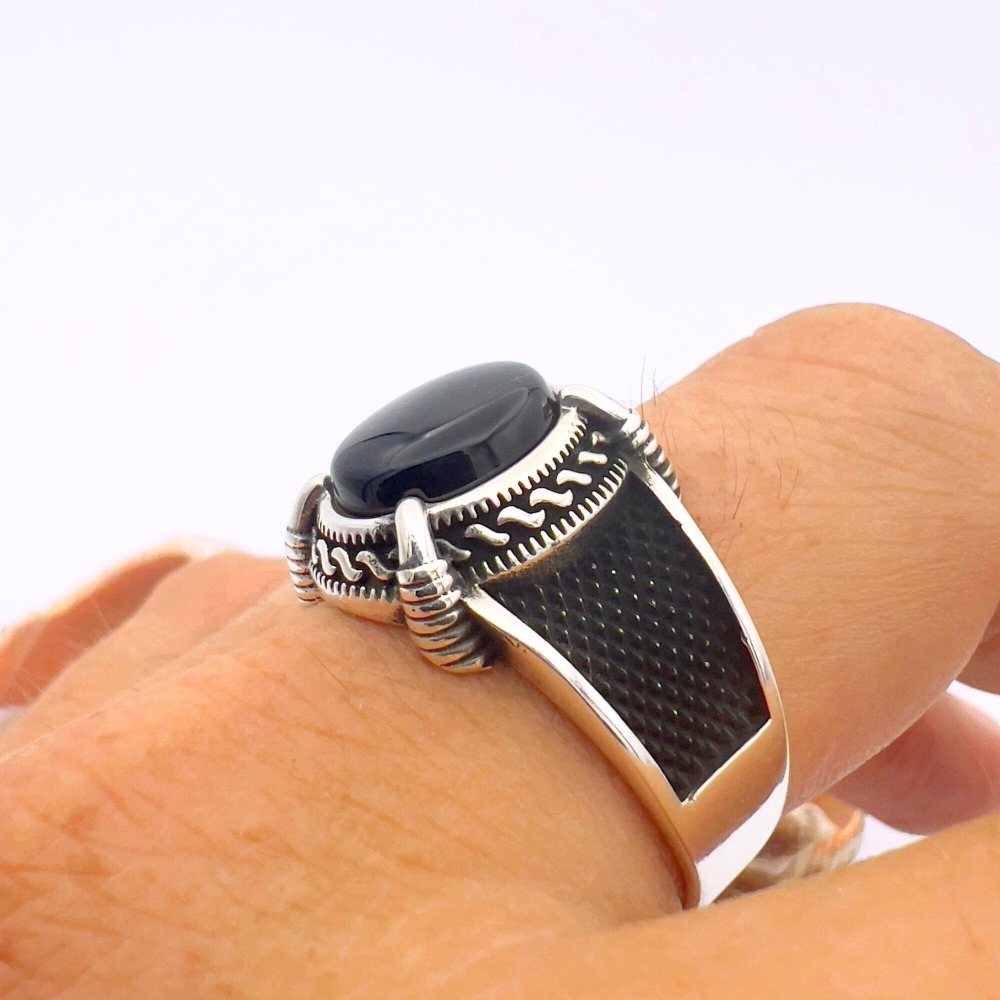Men's Black Onyx Stone Ottoman Style Silver Ring