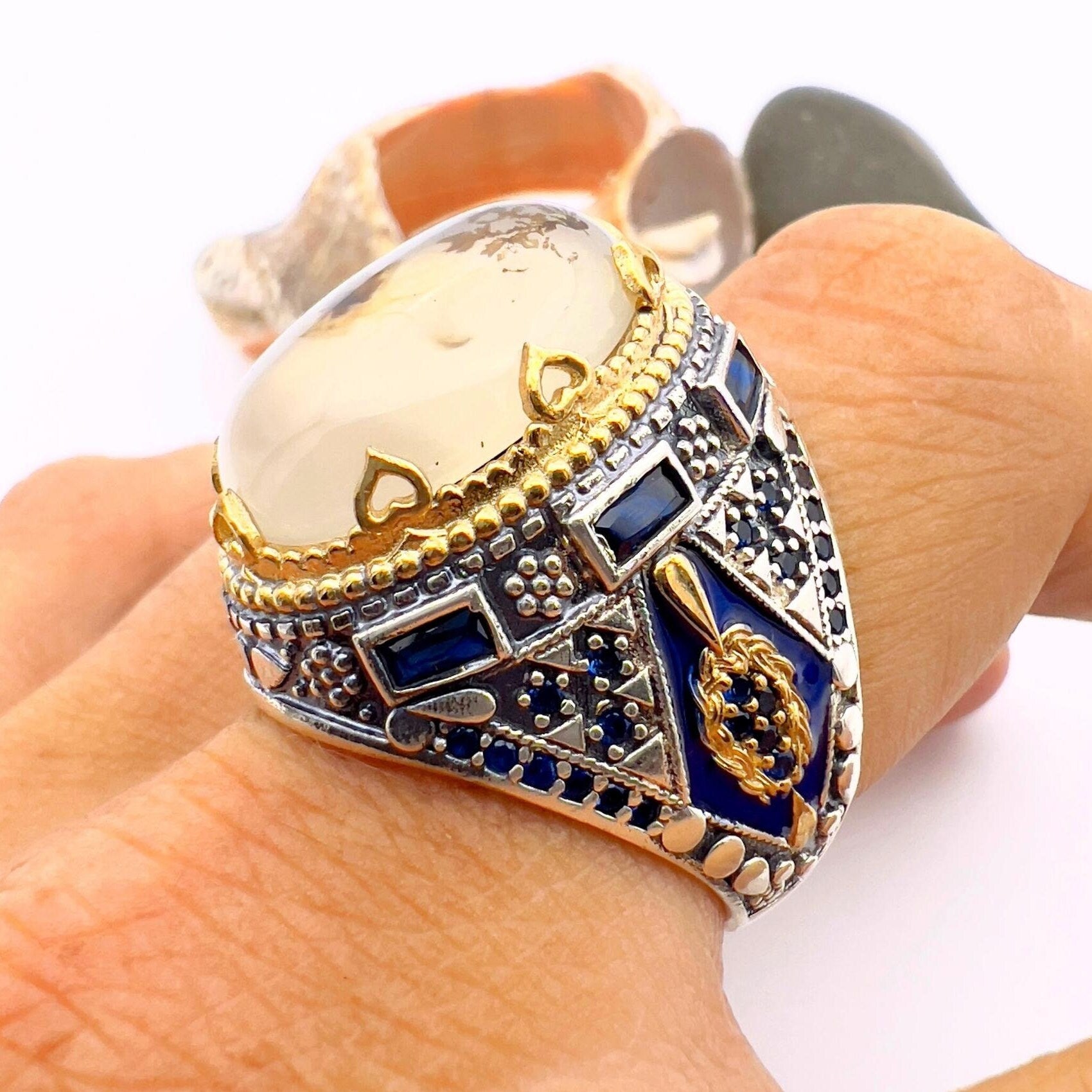 Men's Turkish Handmade 925 Sterling Silver Ring with Brown Agate Stone | Statement Jewelry Gift