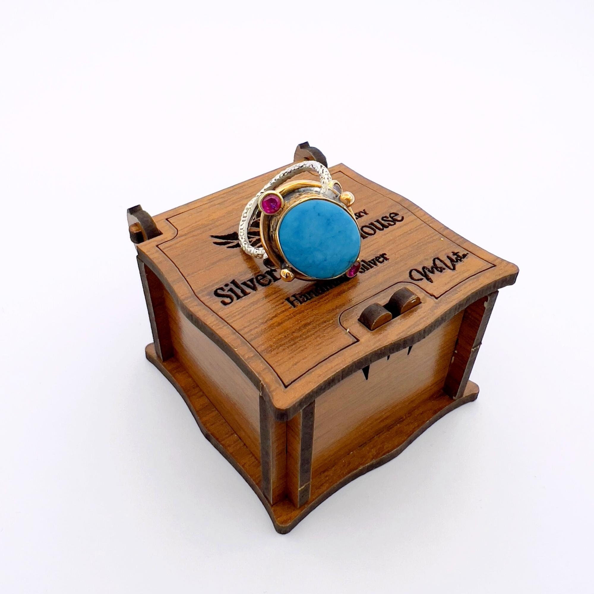 خاتم تركي عثماني يدوي الصنع من الفضة الإسترلينية 925 مع الفيروز للنساء - هدية مجوهرات بتصميم عتيق بيانياً