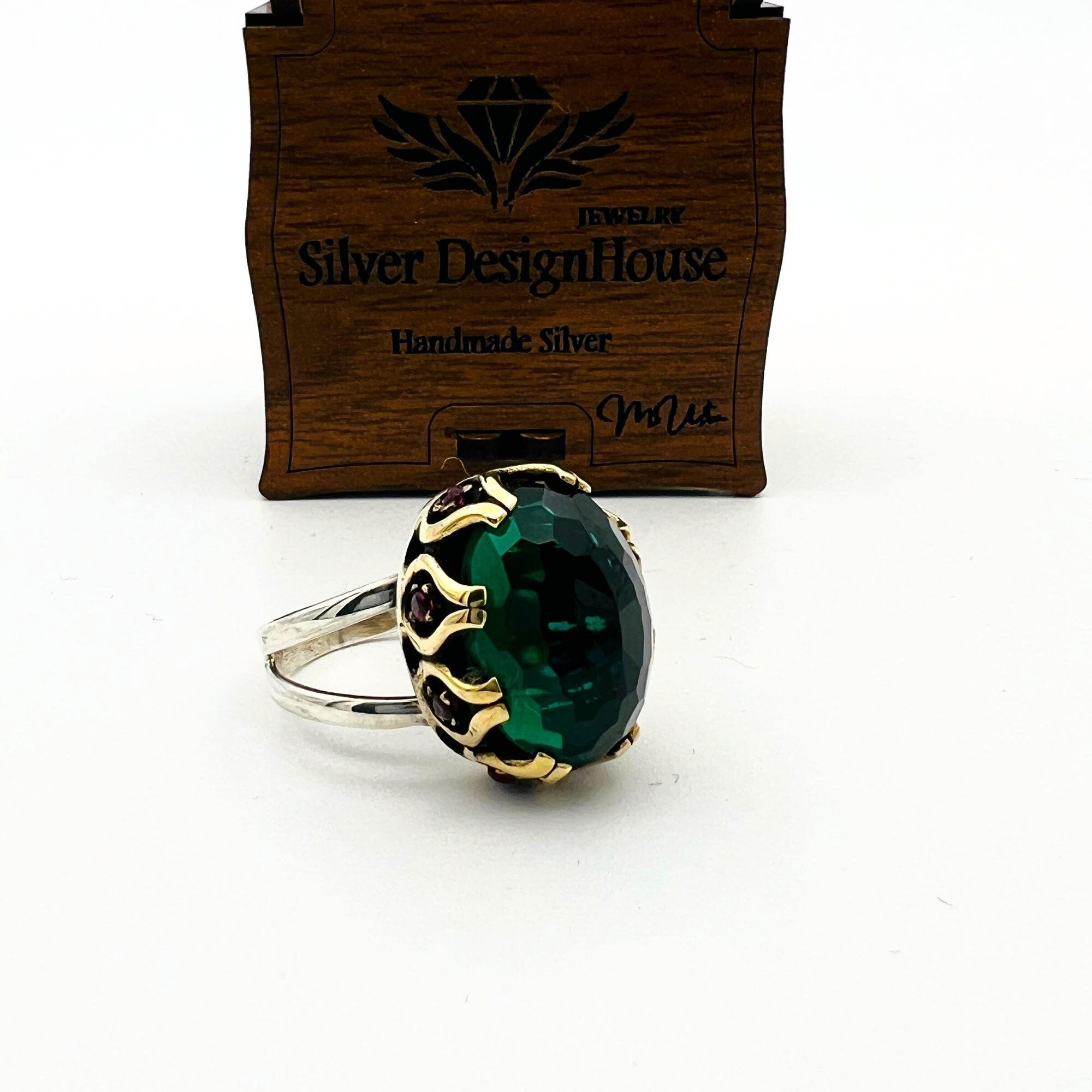 خاتم زمرد بيضاوي فاخر مصنوع يدويًا من الفضة الإسترلينية 925 للنساء - هدية مدروسة