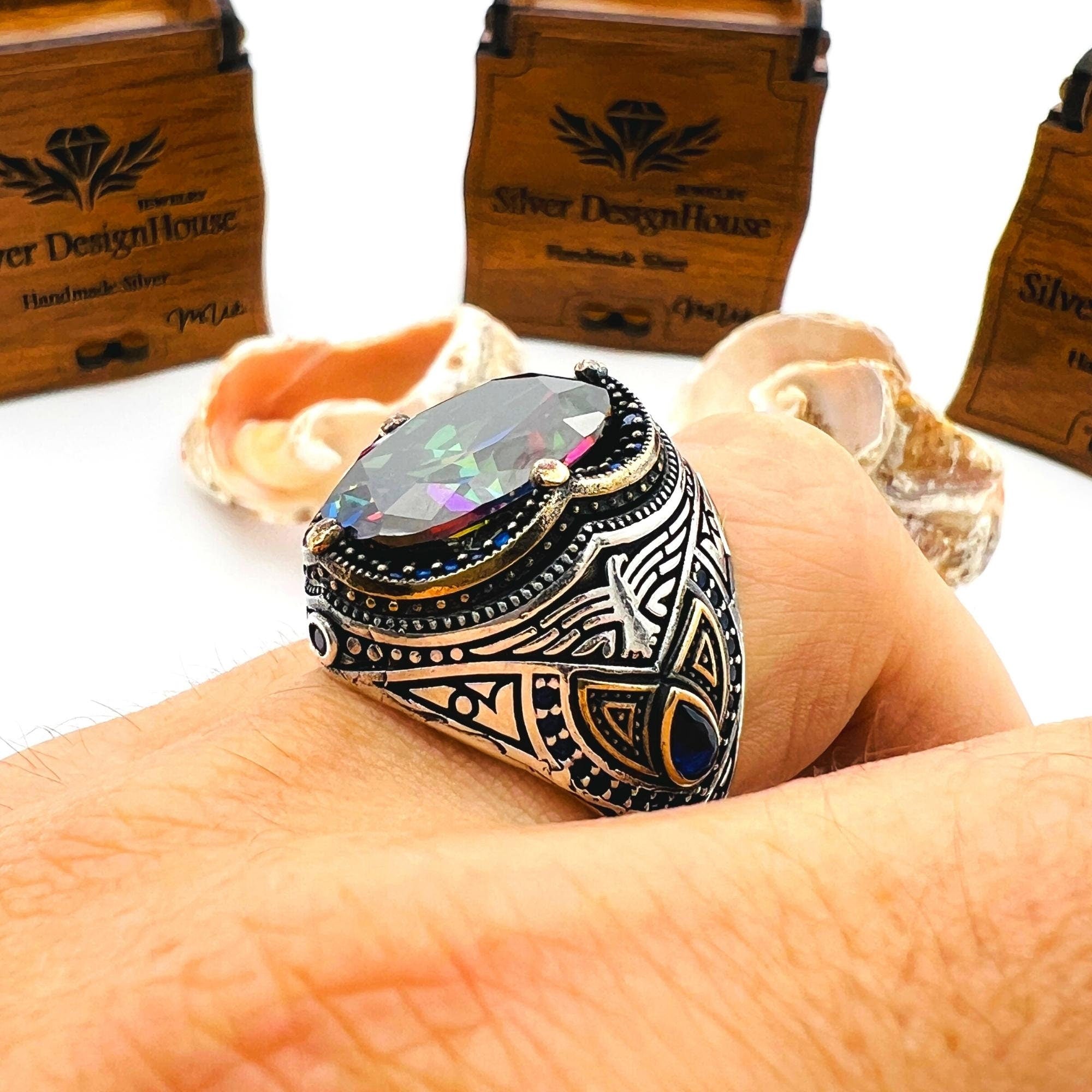 Exquisite Men's Mystic Topaz Oval Stone Silver Ring