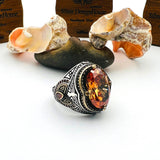 خاتم رجالي فاخر على الطراز العثماني من الفضة الإسترلينية 925 | سترين شمبانيا وتفصيل نسر | صناعة يدوية تركية